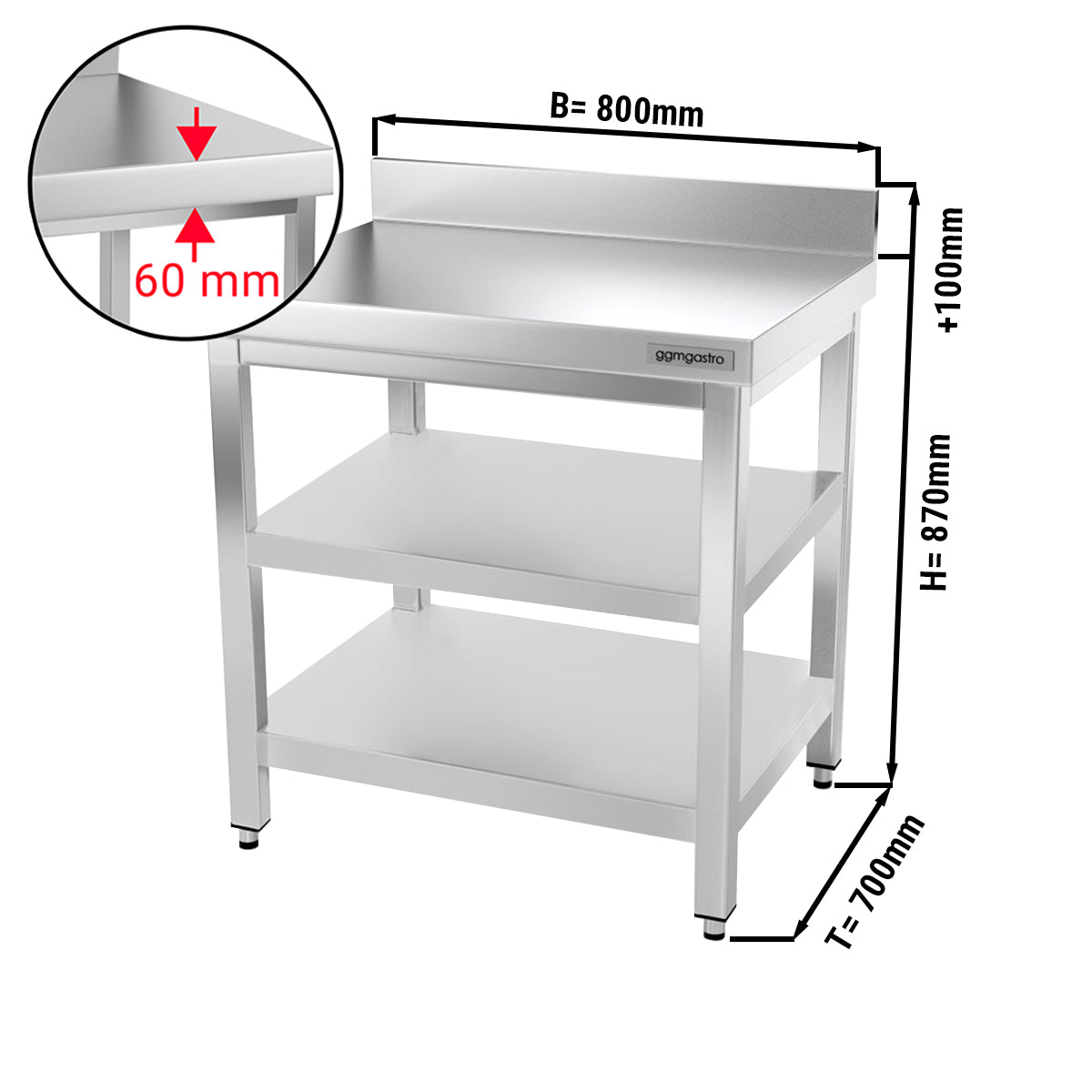 PREMIUM stainless steel work table - 0.8 m. - with main shelf, intermediate shelf and stand