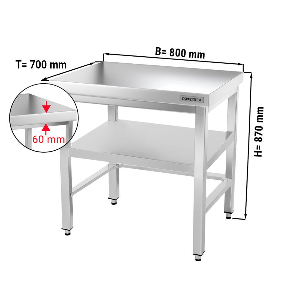 Work table PREMIUM made of stainless steel - 0.8 m. - with frame and bottom shelf