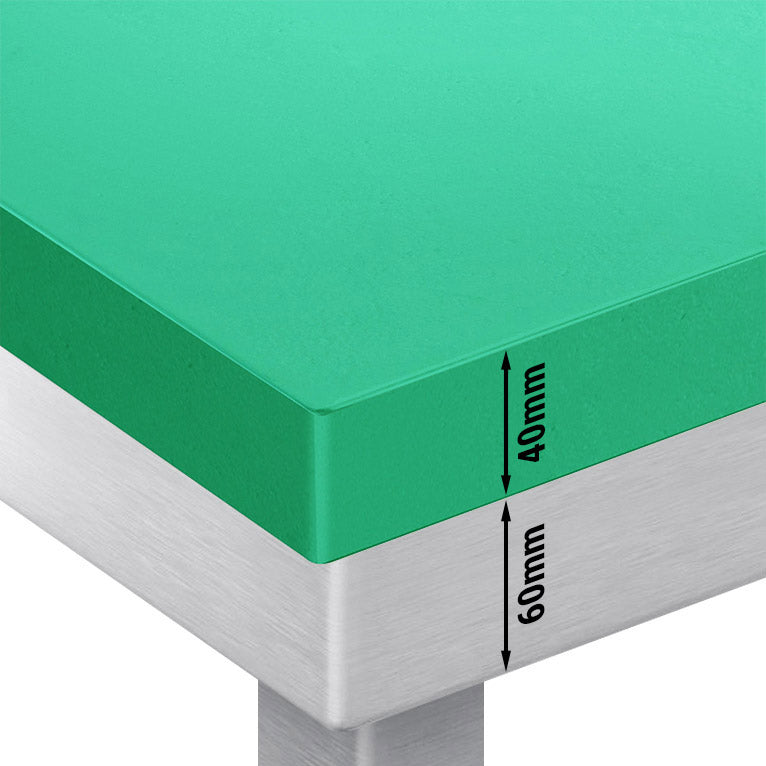 PREMIUM stainless steel work table - 0.6 m - with base - including cutting board in green