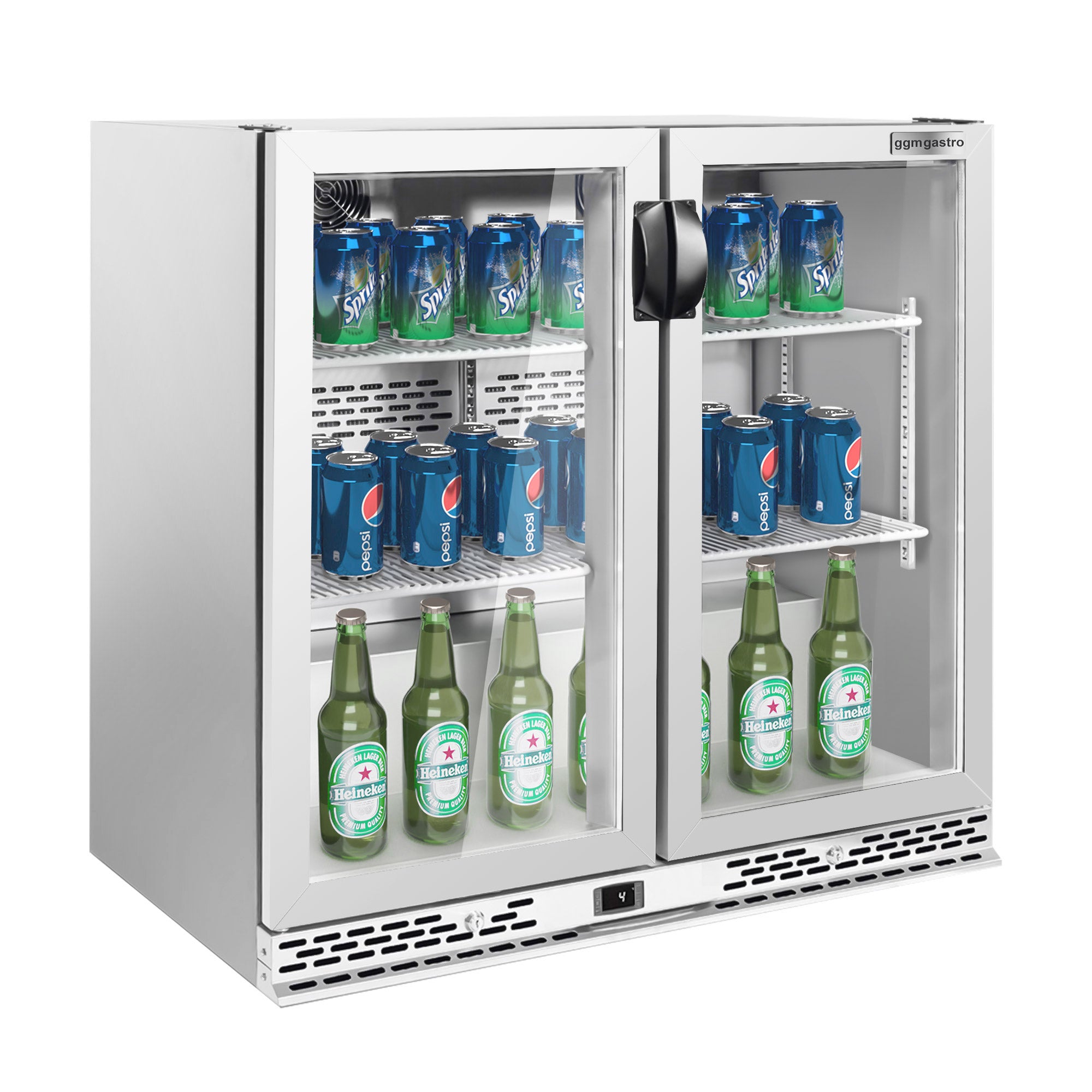 Барова хладилна маса за напитки 220 литра - с 2 стъклена врати (неръждаема стомана)