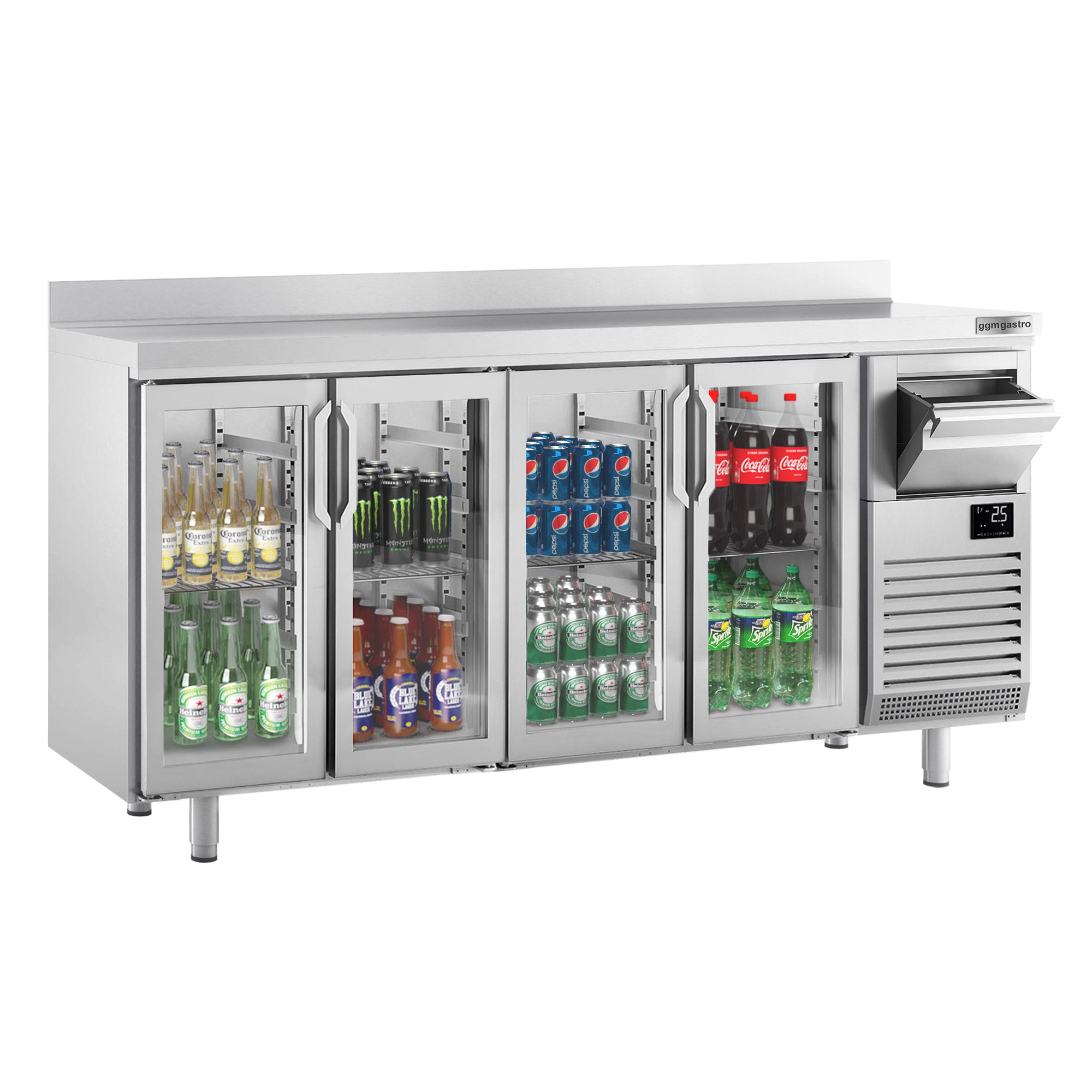 Bar fridge table with 4 glass doors and coffee grounds bin