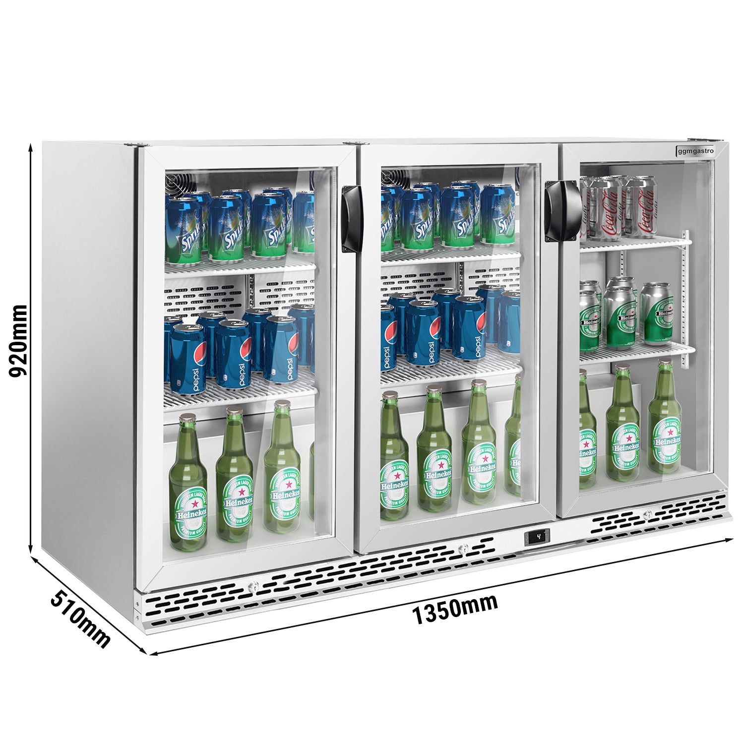 Барова хладилна маса за напитки 330 литра - с 3 стъклени врати (неръждаема стомана)