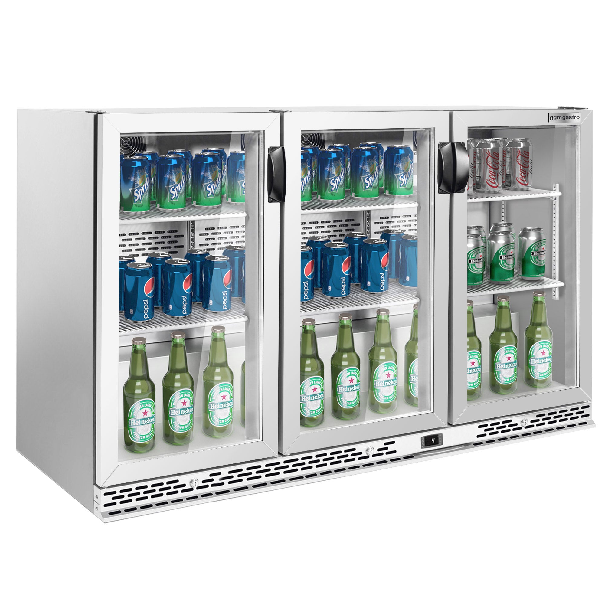 Bar refrigerator table for drinks 330 liters - with 3 glass doors (stainless steel)