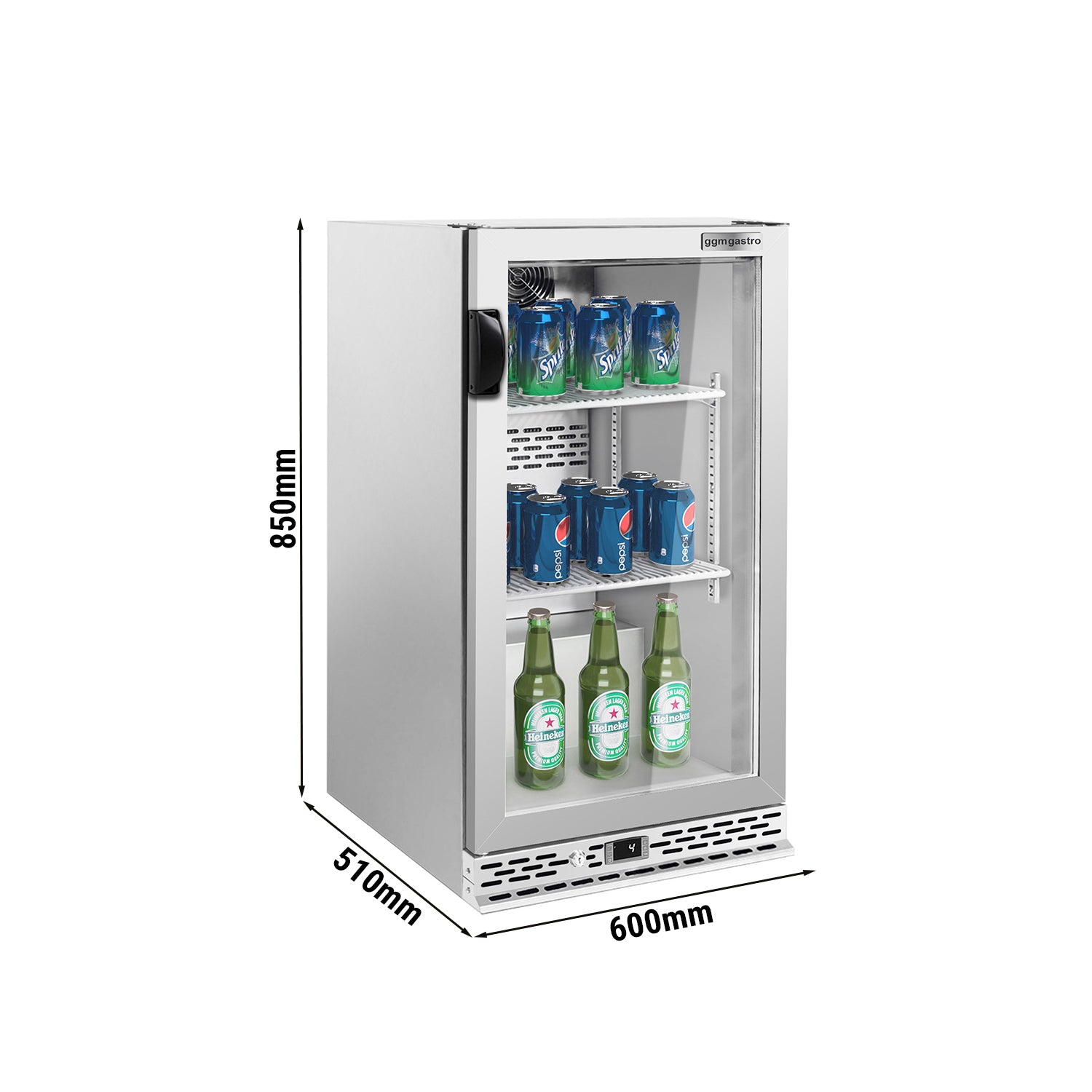 Хладилна маса за бар напитки - 0,6 x 0,51 m - 125 литра - с 1 стъклена врата - неръждаема стомана