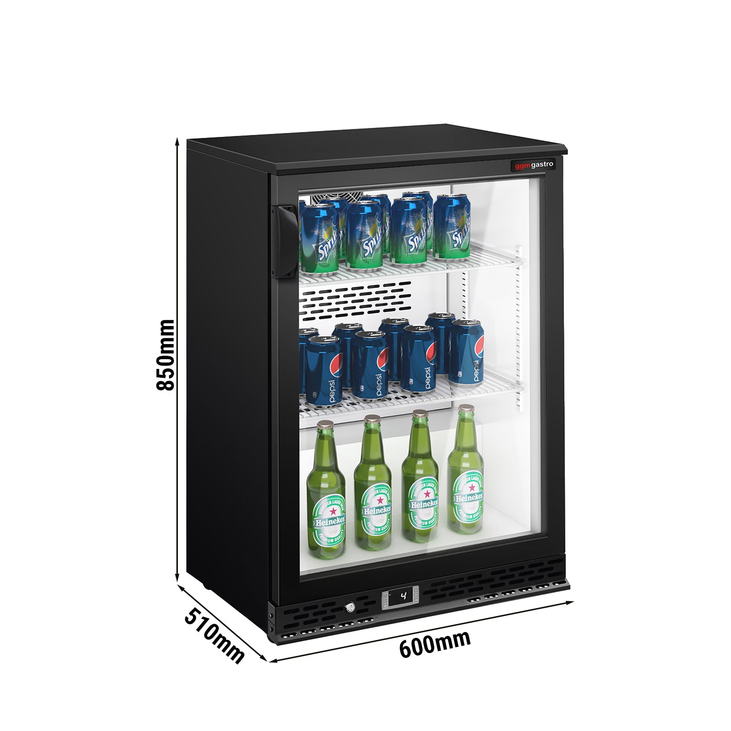 Хладилна маса за бар напитки - 0,6 x 0,51 m - 125 литра - с 1 стъклена врата - черна
