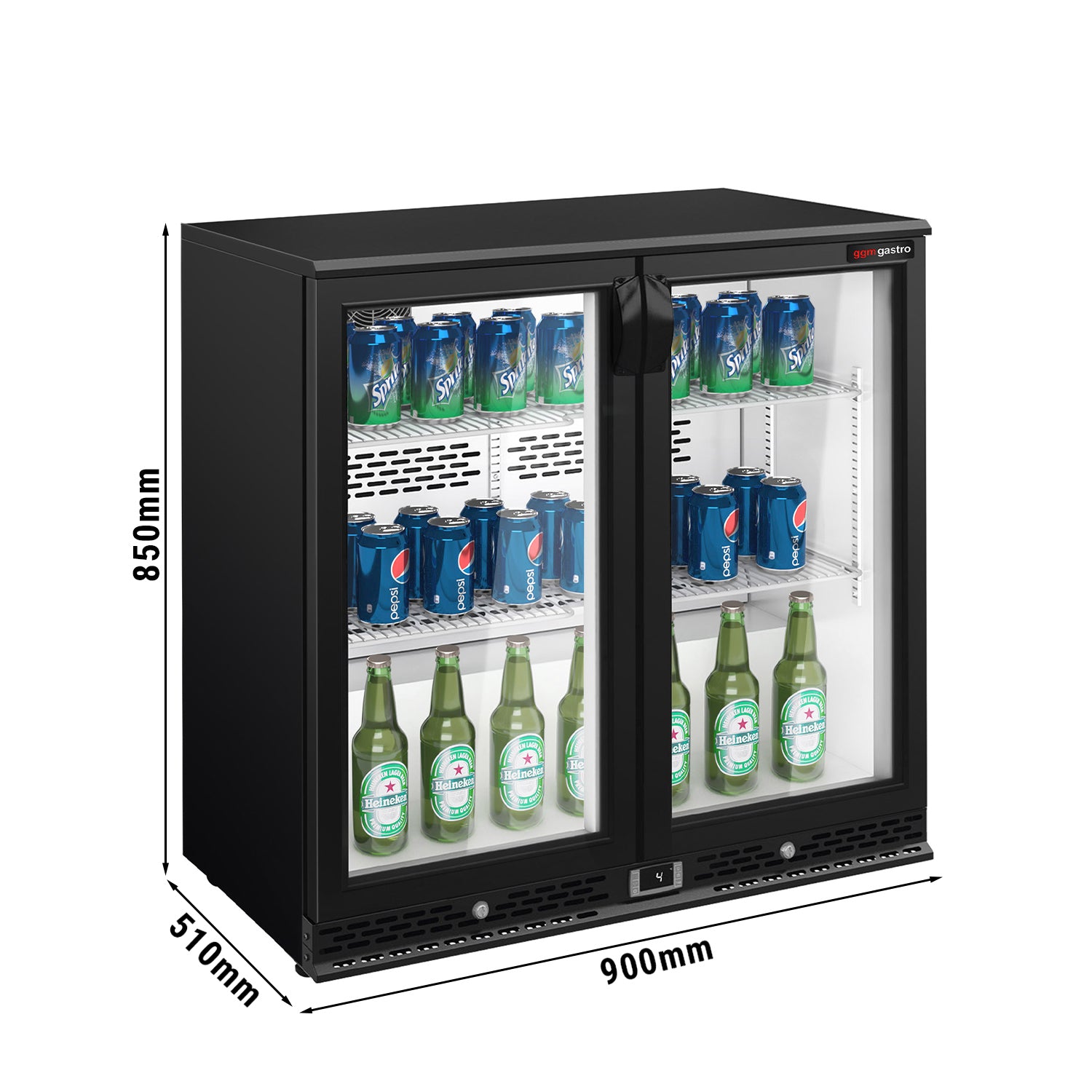 Хладилна маса за бар напитки - 0,9 х 0,51 м - 193 литра - с 2 стъклени врати - черна