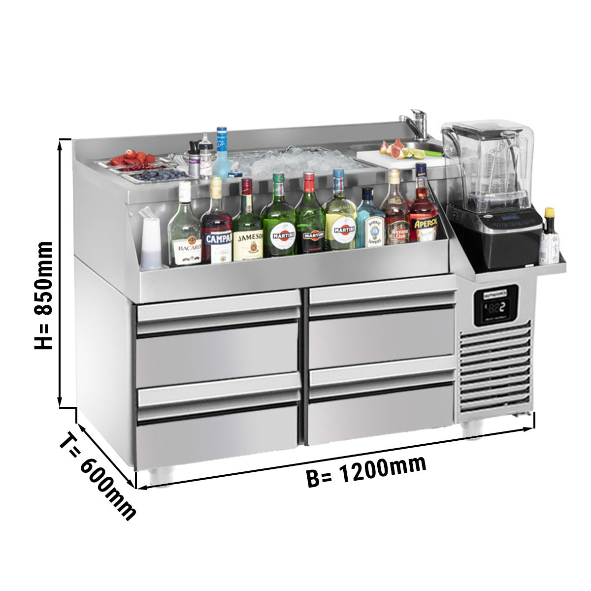 Хладилна маса за напитки - 1,2 х 0,6 м - 150 литра - с 2 чекмеджета 1/2 и рафтове