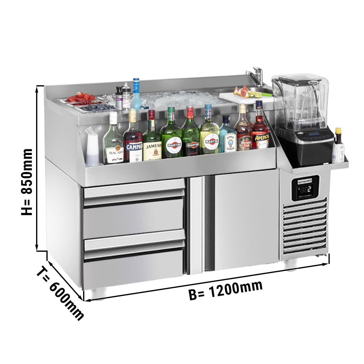 Хладилна маса за бар / напитки - 1,2 х 0,6 м - 150 литра - с 1 врата, 1 чекмедже 1/2 и рафтове