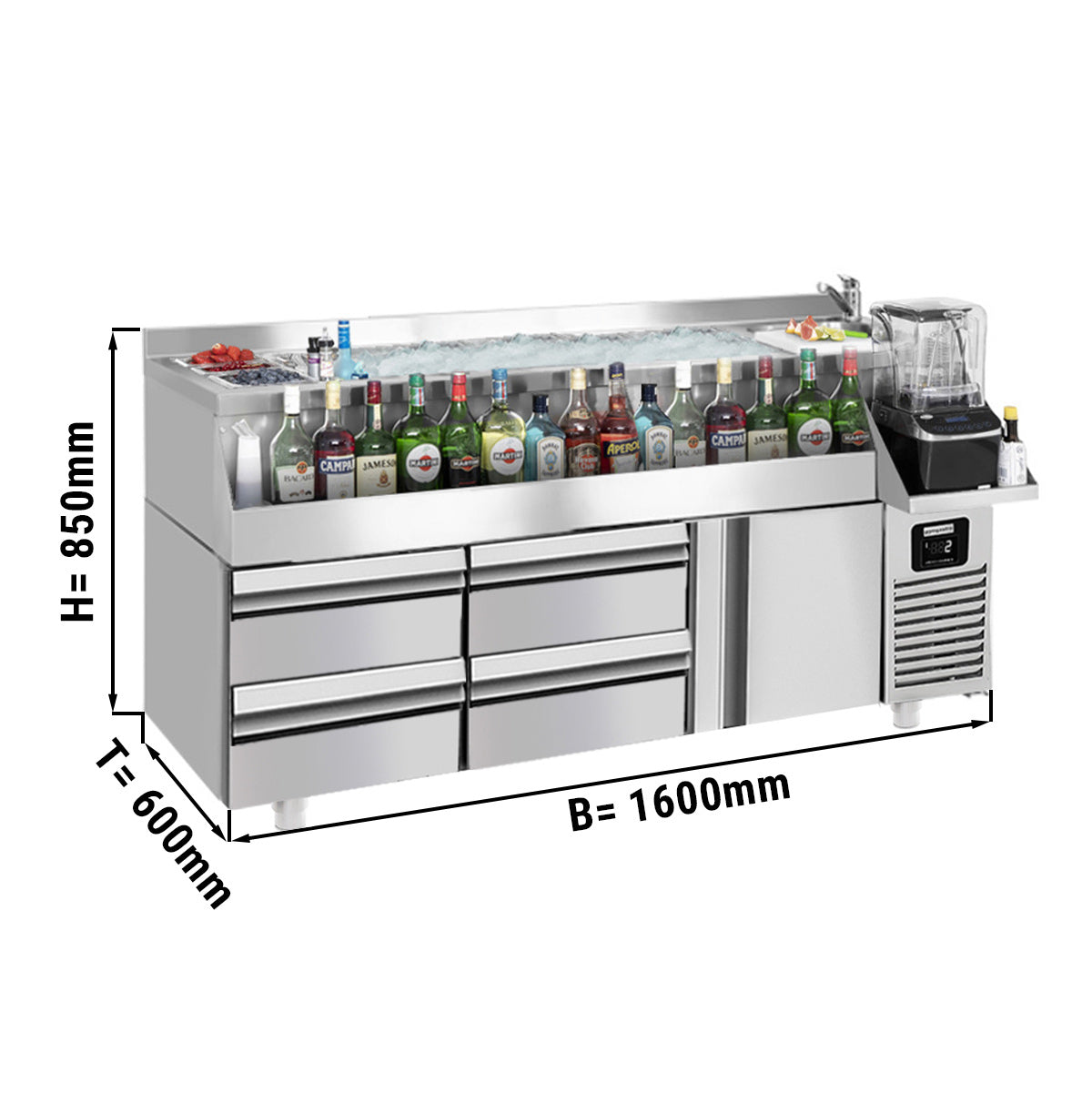 Хладилна маса за бар / напитки - 1,6 х 0,6 м - 235 литра - с 1 врата, 2 чекмеджета 1/2 и рафтове