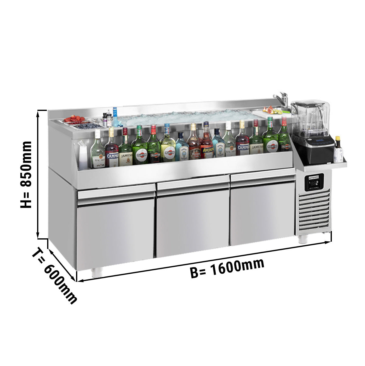 Хладилна маса за бар / напитки - 1,6 х 0,6 м - 235 литра - с 3 чекмеджета 1/1 и рафтове