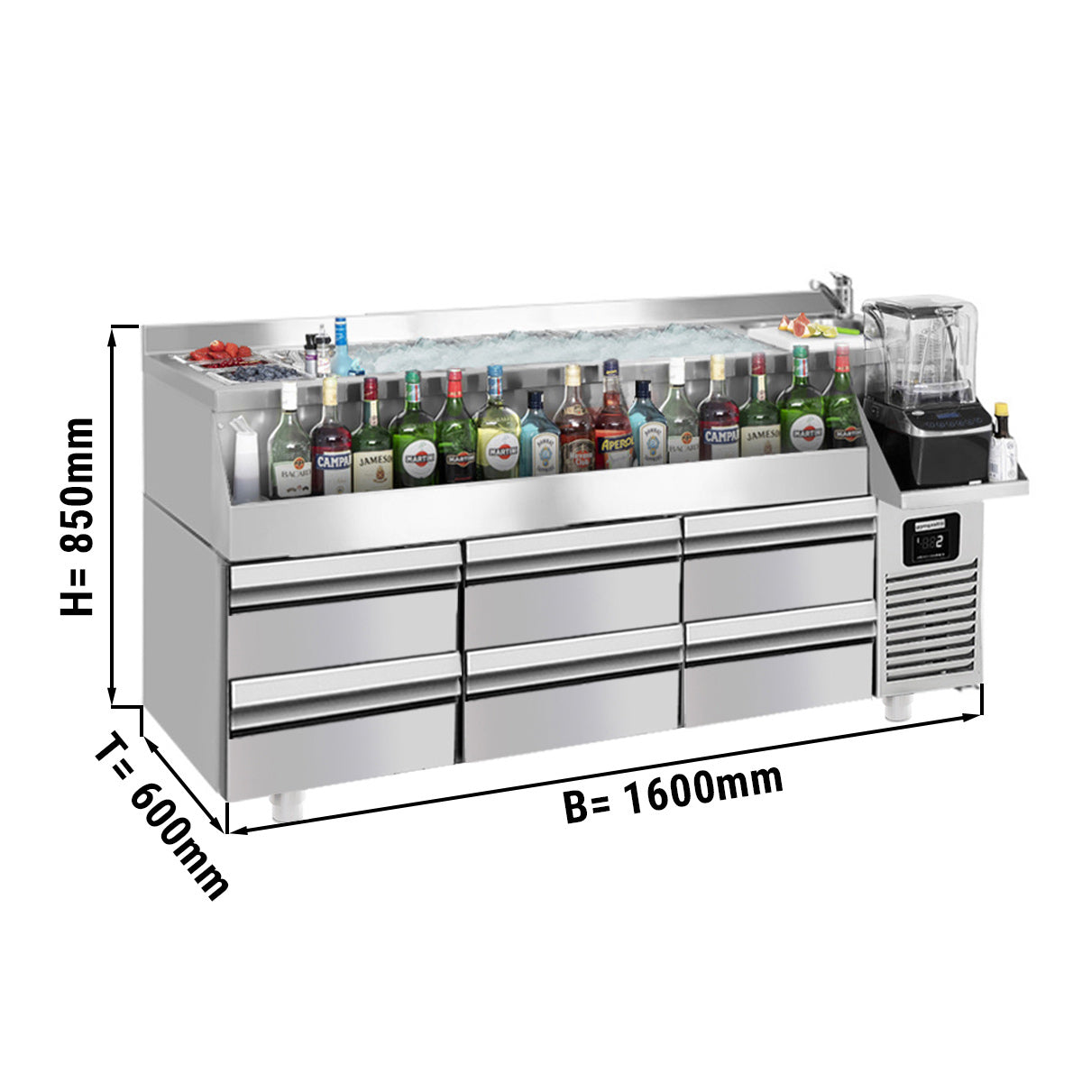 Хладилна маса за бар / напитки- 1,6 х 0,6 м - 235 литра - с 3 чекмеджета 1/2 и рафтове