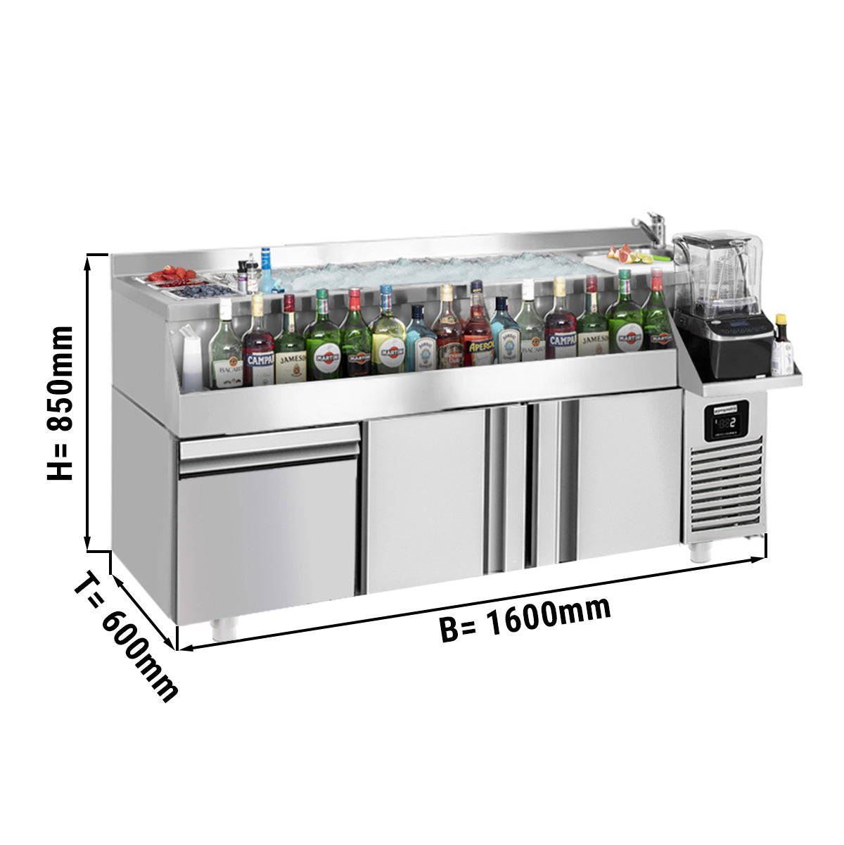 Хладилна маса за бар / напитки - 1,6 x 0,6 m - 235 литра - с 2 врати, 1 чекмедже 1/1 и рафтове