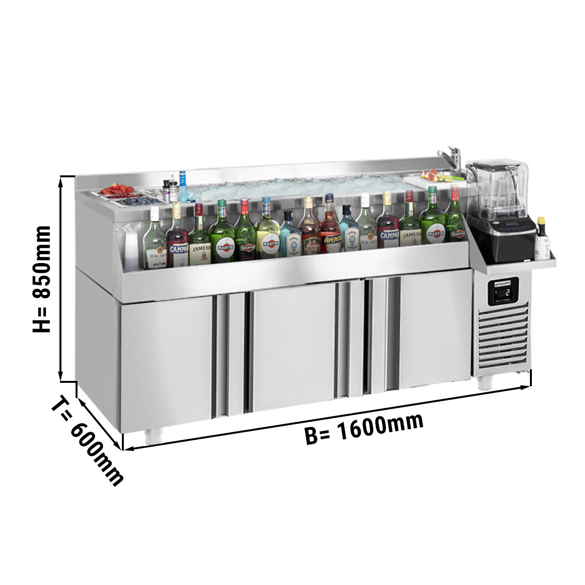 Бар / Хладилна маса за напитки - 1,6 x 0,6 m - 235 литра - с 3 врати и рафтове