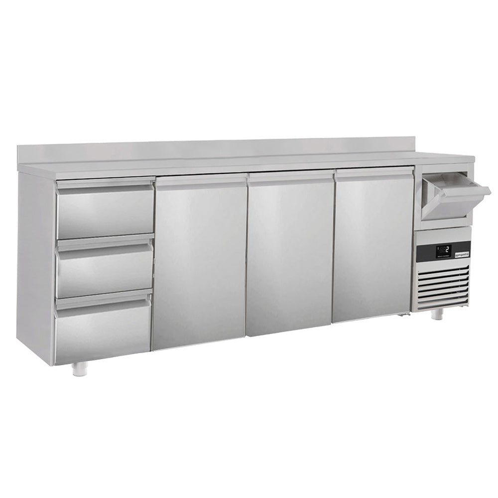 Refrigerated table for bar drinks 2.69 m - with 3 doors, 3 drawers 1/3, back and coffee mixer