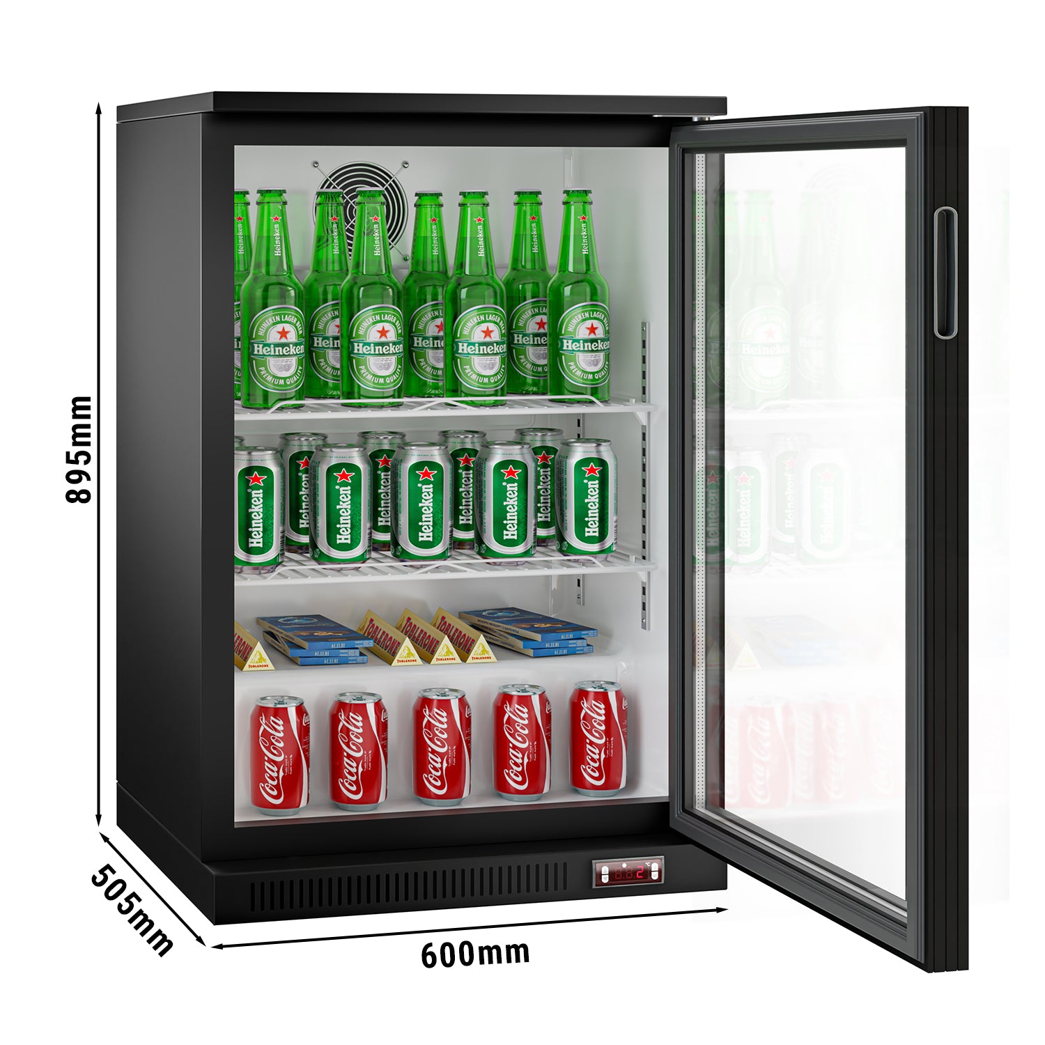 Баров хладилник - 0,6 м - 126 литра - с 1 стъклена врата и 2 рафта - Черен