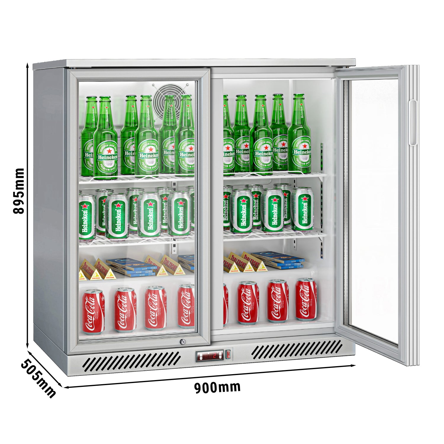 Bar fridge - 0.9 m - 220 liters - with 2 glass doors and 2 shelves - gray