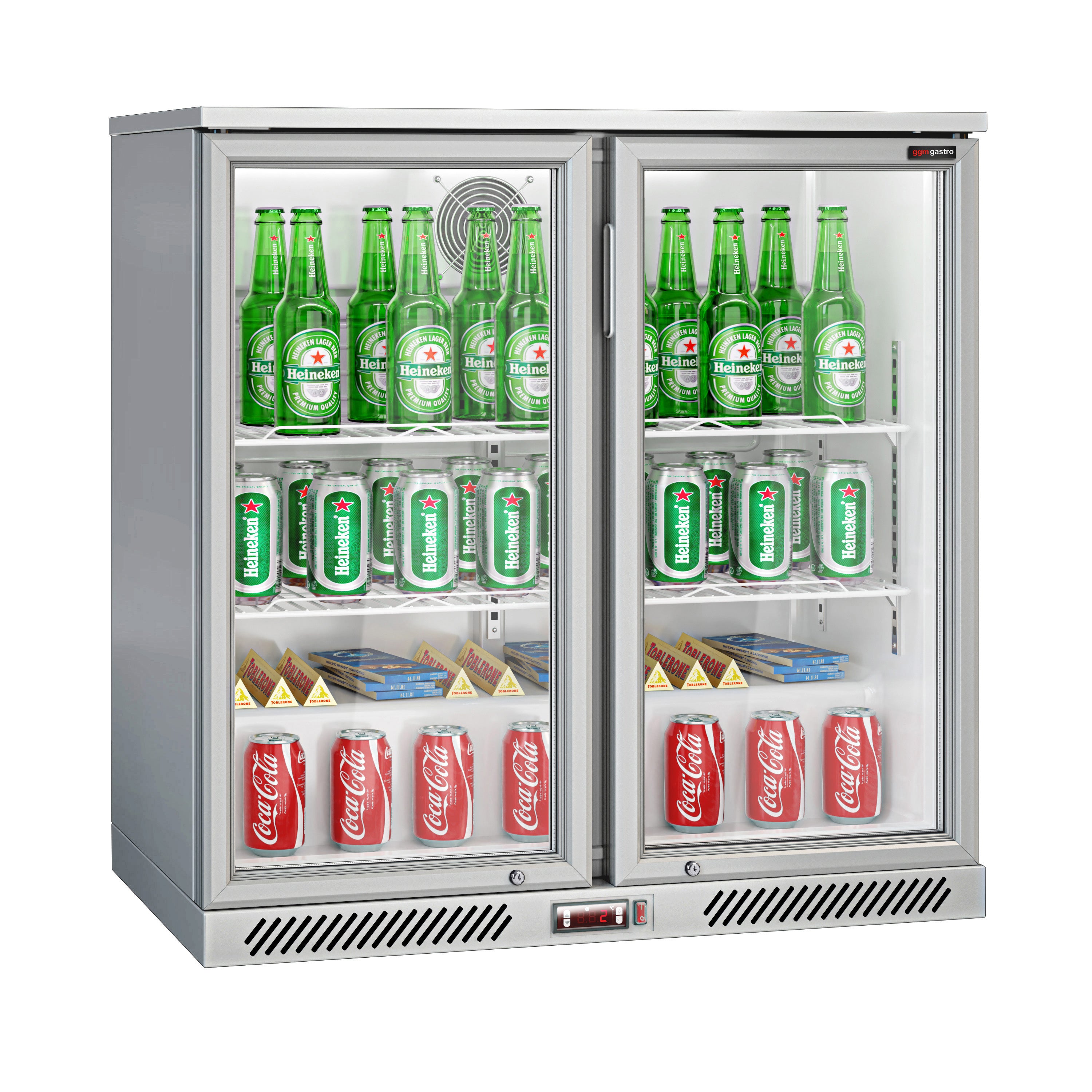 Баров хладилник - 0,9 м - 220 литра - с 2 стъклени врати и 2 рафта - сив