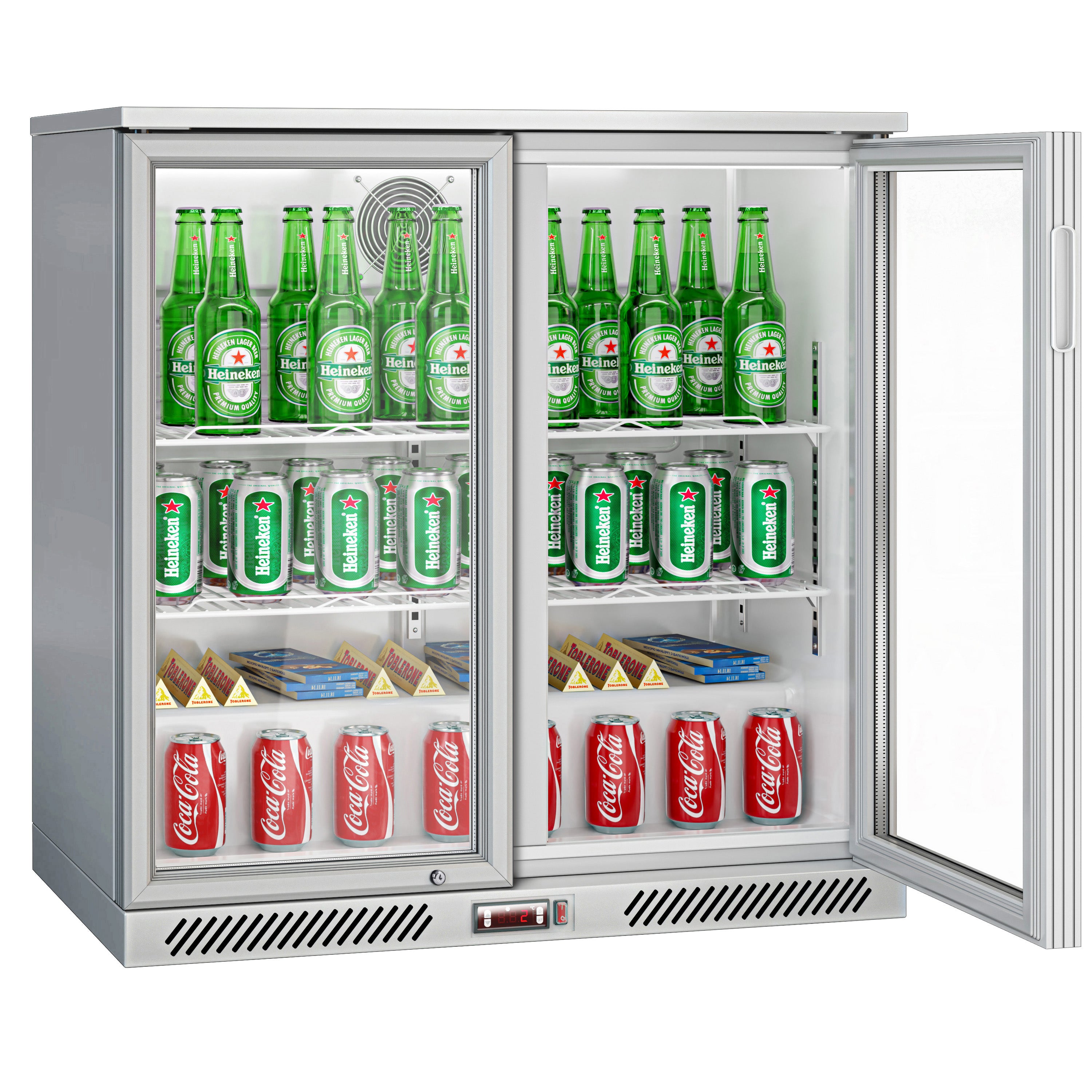 Bar fridge - 0.9 m - 220 liters - with 2 glass doors and 2 shelves - gray