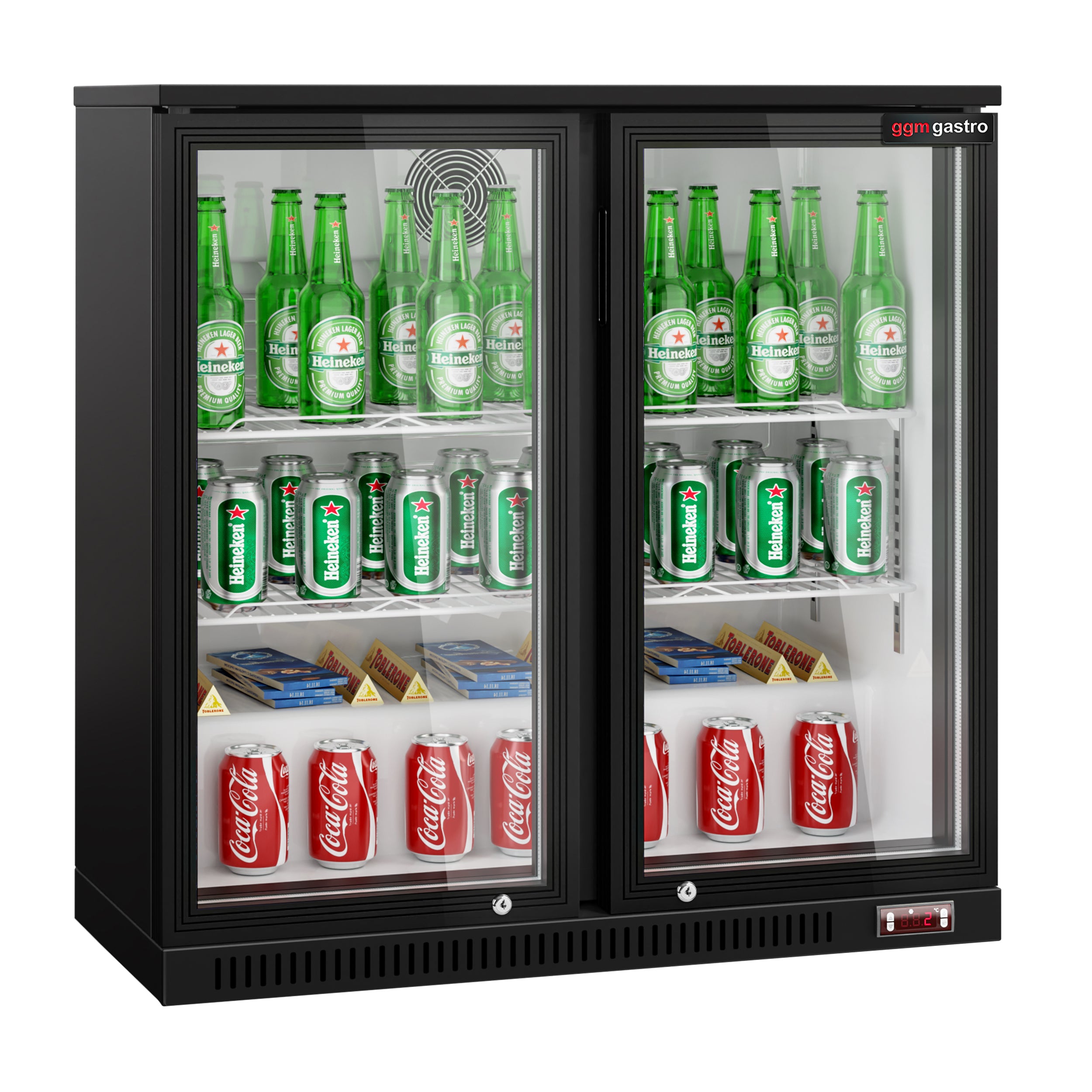 Баров хладилник - 0,9 м - 220 литра - с 2 стъклени врати и 2 рафта - черен