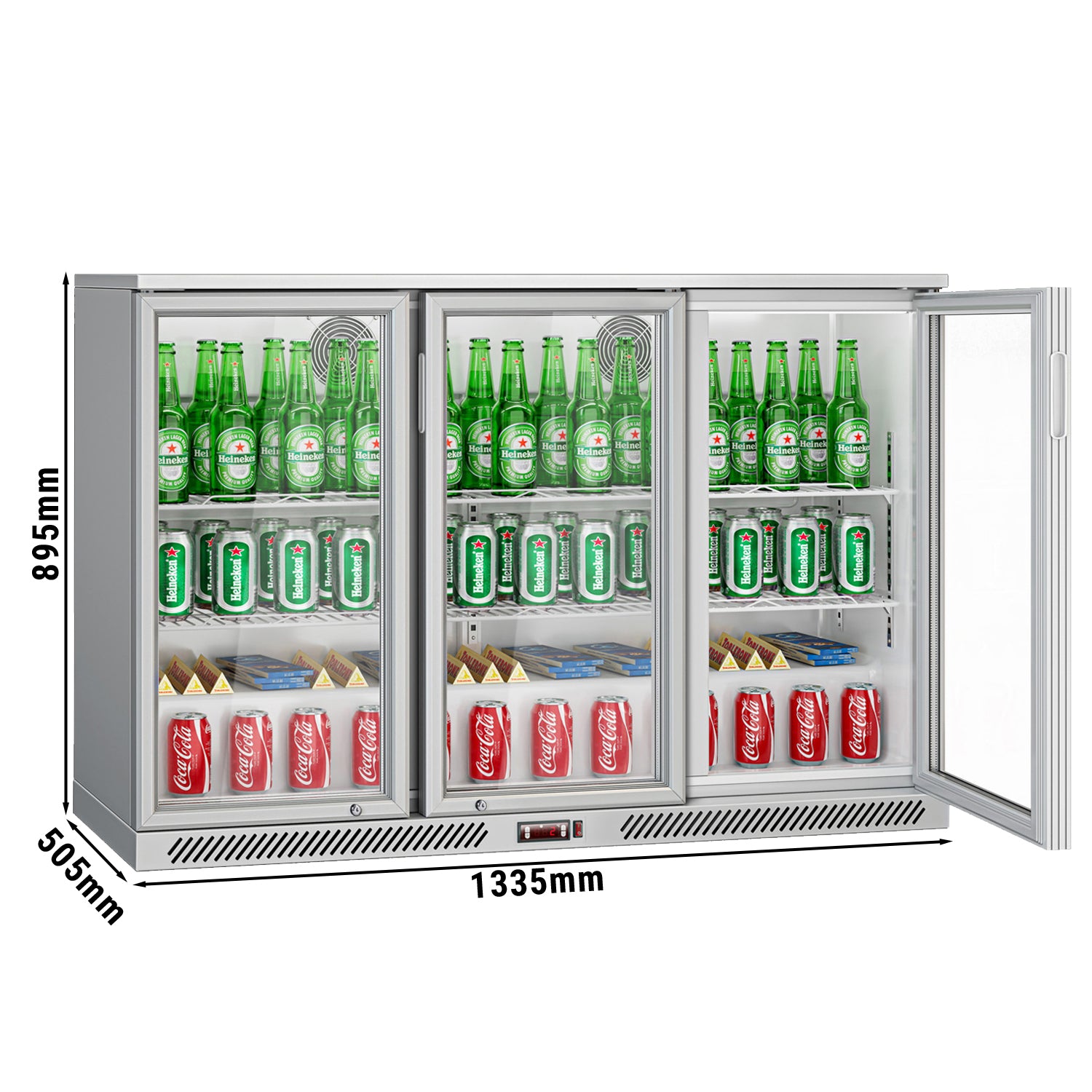 Bar fridge - 1.33 m - 320 liters - with 3 glass doors and 2 shelves - gray