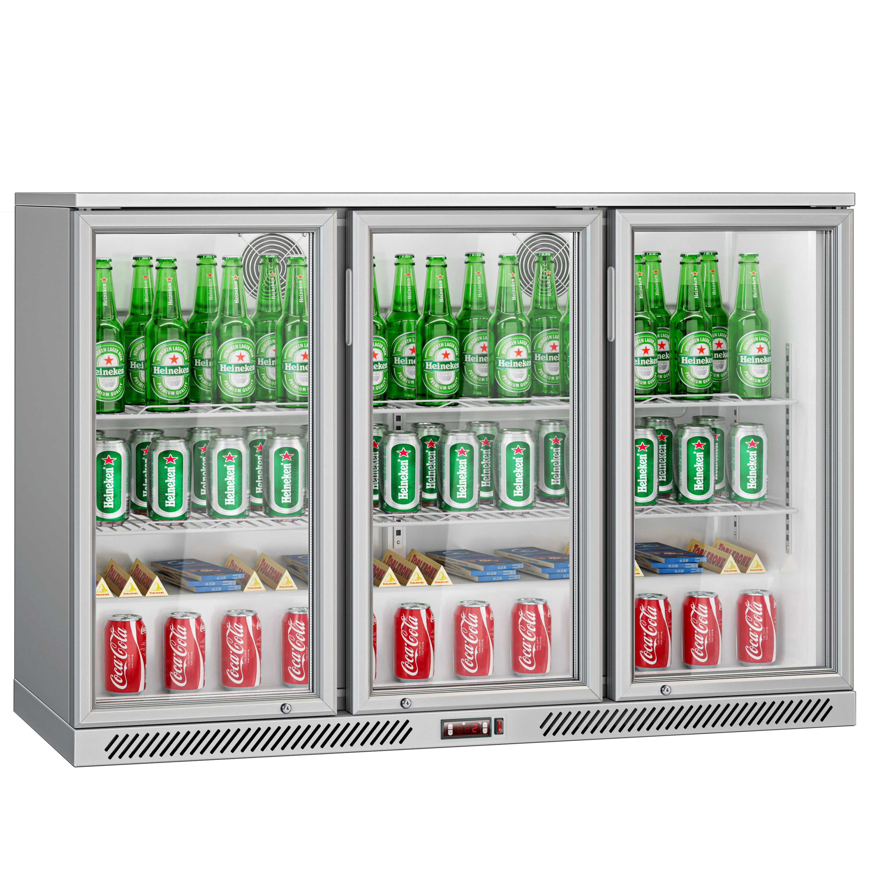 Bar fridge - 1.33 m - 320 liters - with 3 glass doors and 2 shelves - gray