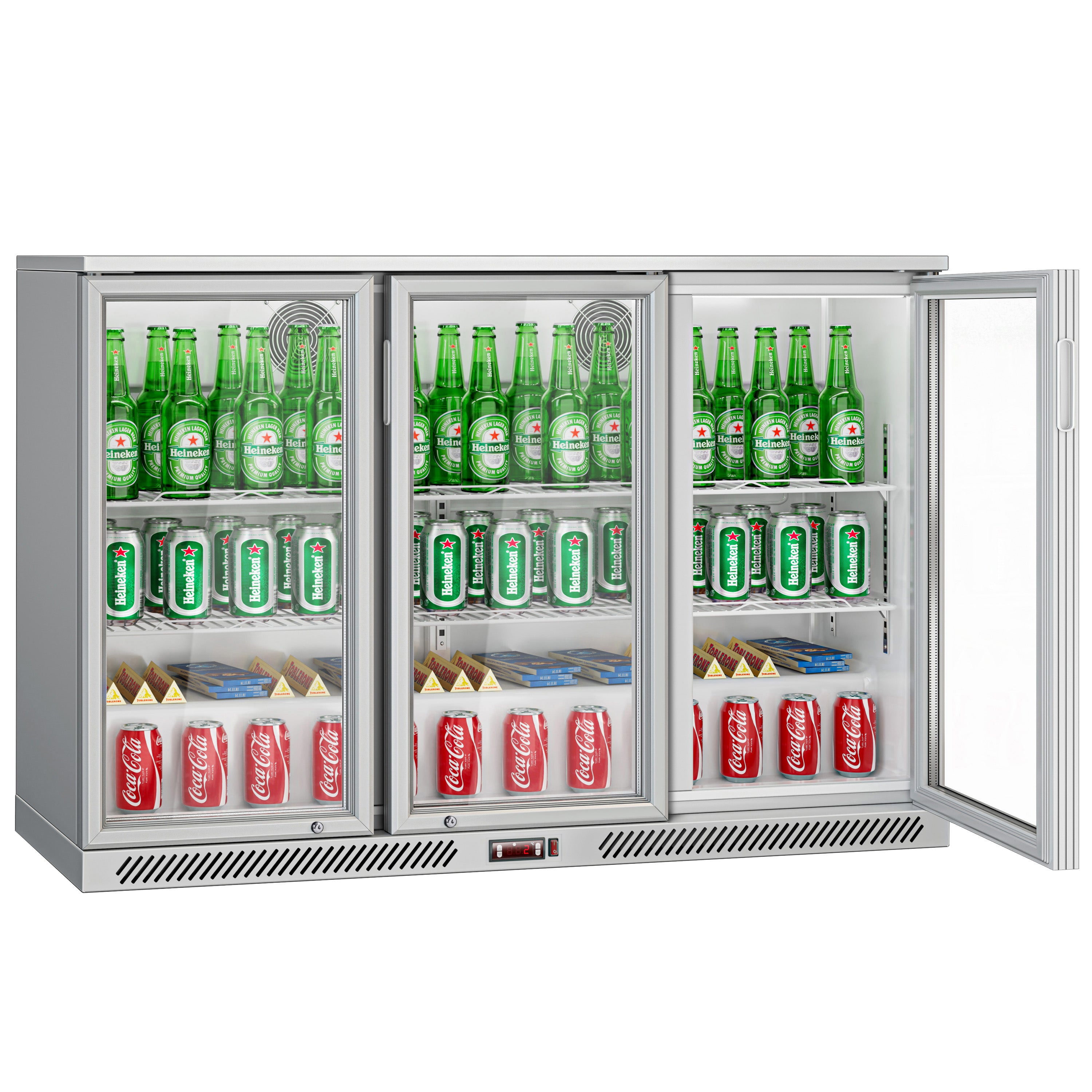 Баров хладилник - 1,33 м - 320 литра - с 3 стъклени врати и 2 рафта - сив