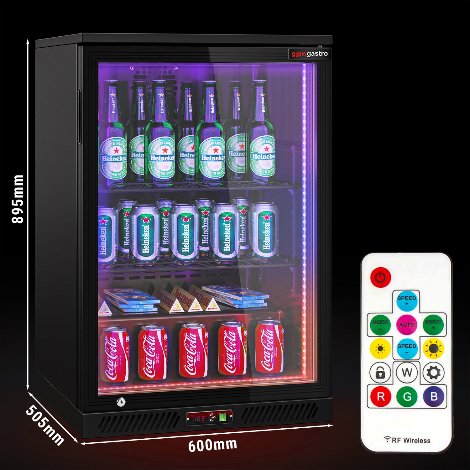 Bar fridge - 600 mm - 130 liters - LED lighting and 1 hinged door - Exterior and interior black