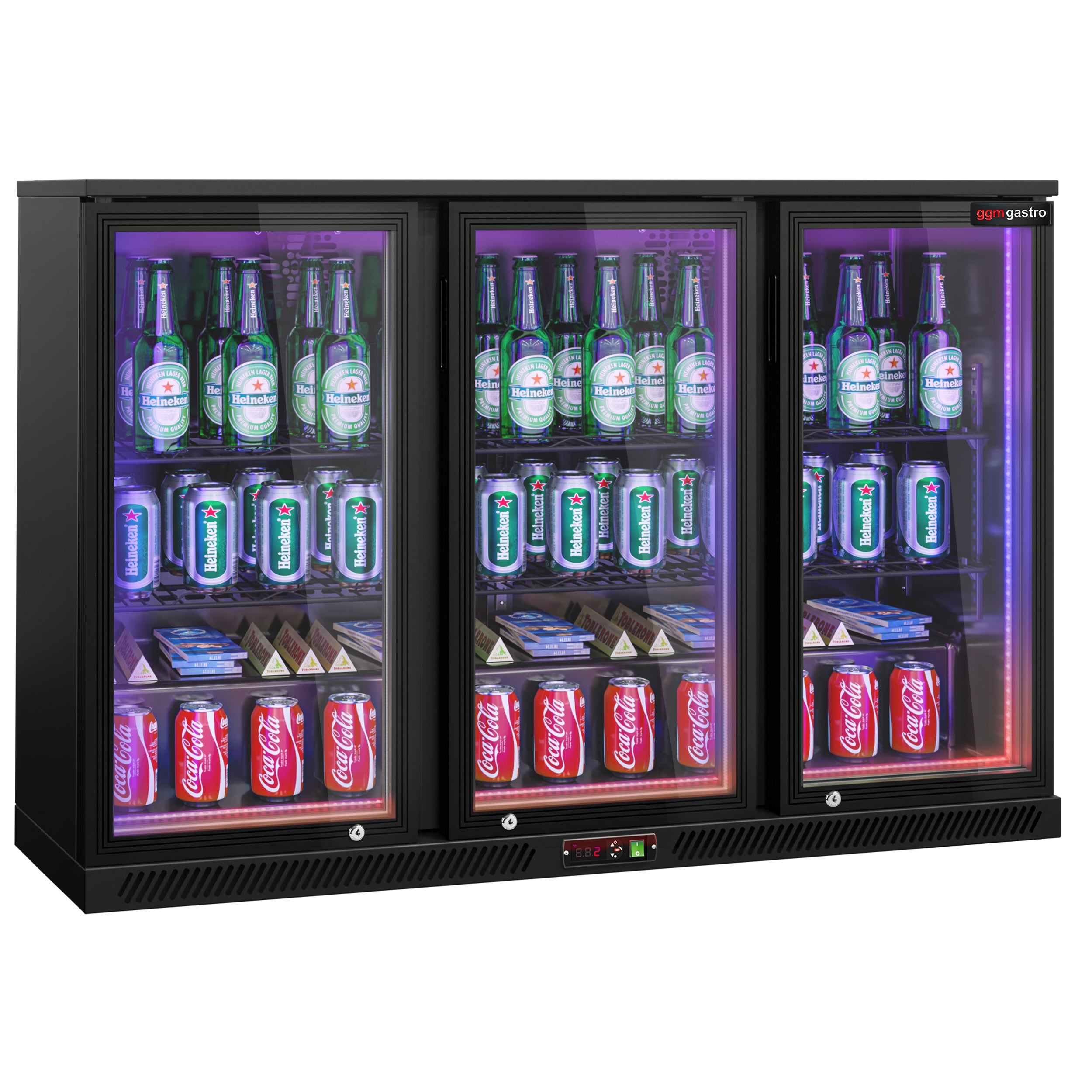 Bar fridge - 1330 mm - 320 liters - LED lighting and 3 hinged doors - exterior and interior black