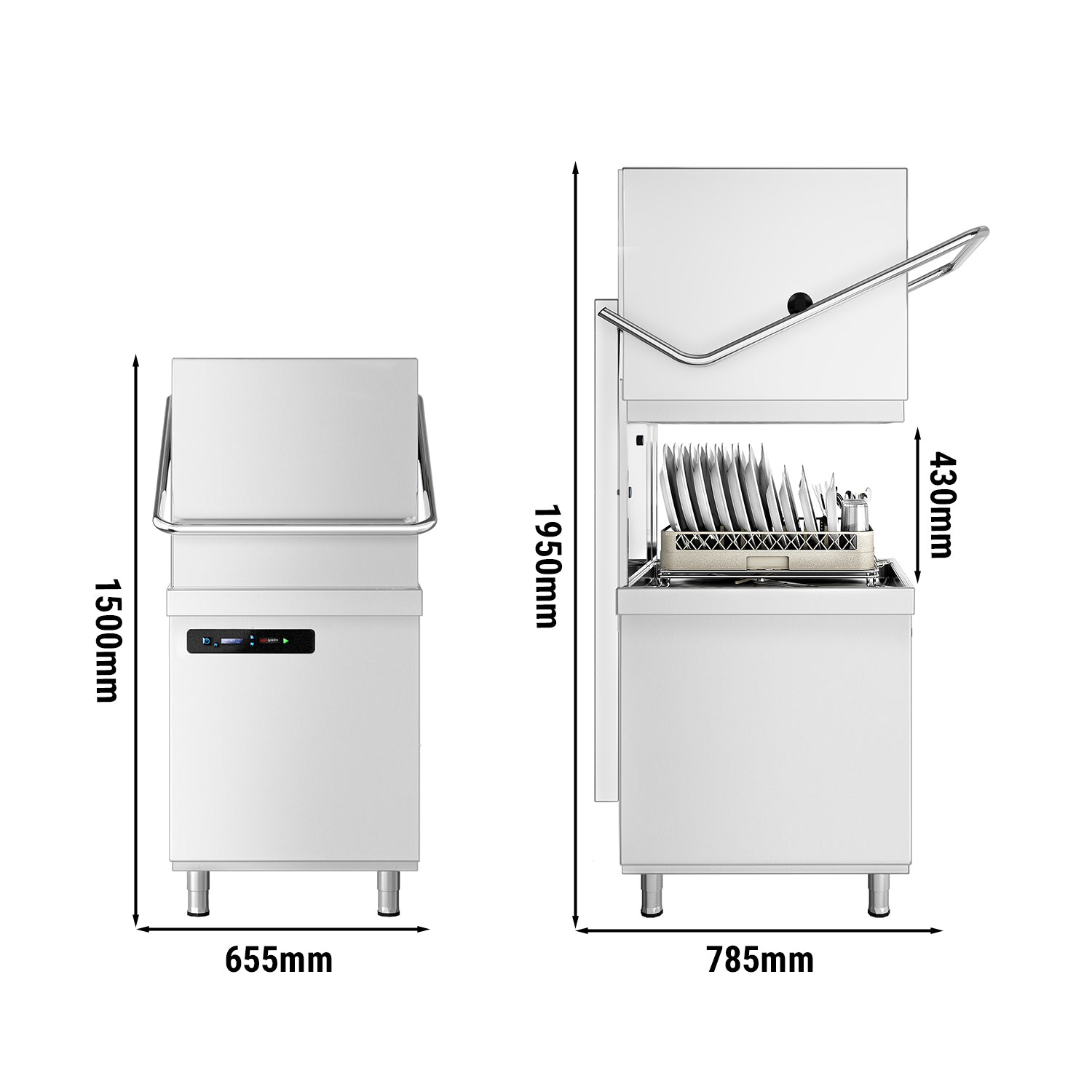 Walk-through dishwasher 7.1 kW - With lye pump - With detergent pump and rinse aid supply (double wall) - With desqualer + supply/ &amp; drain Table left