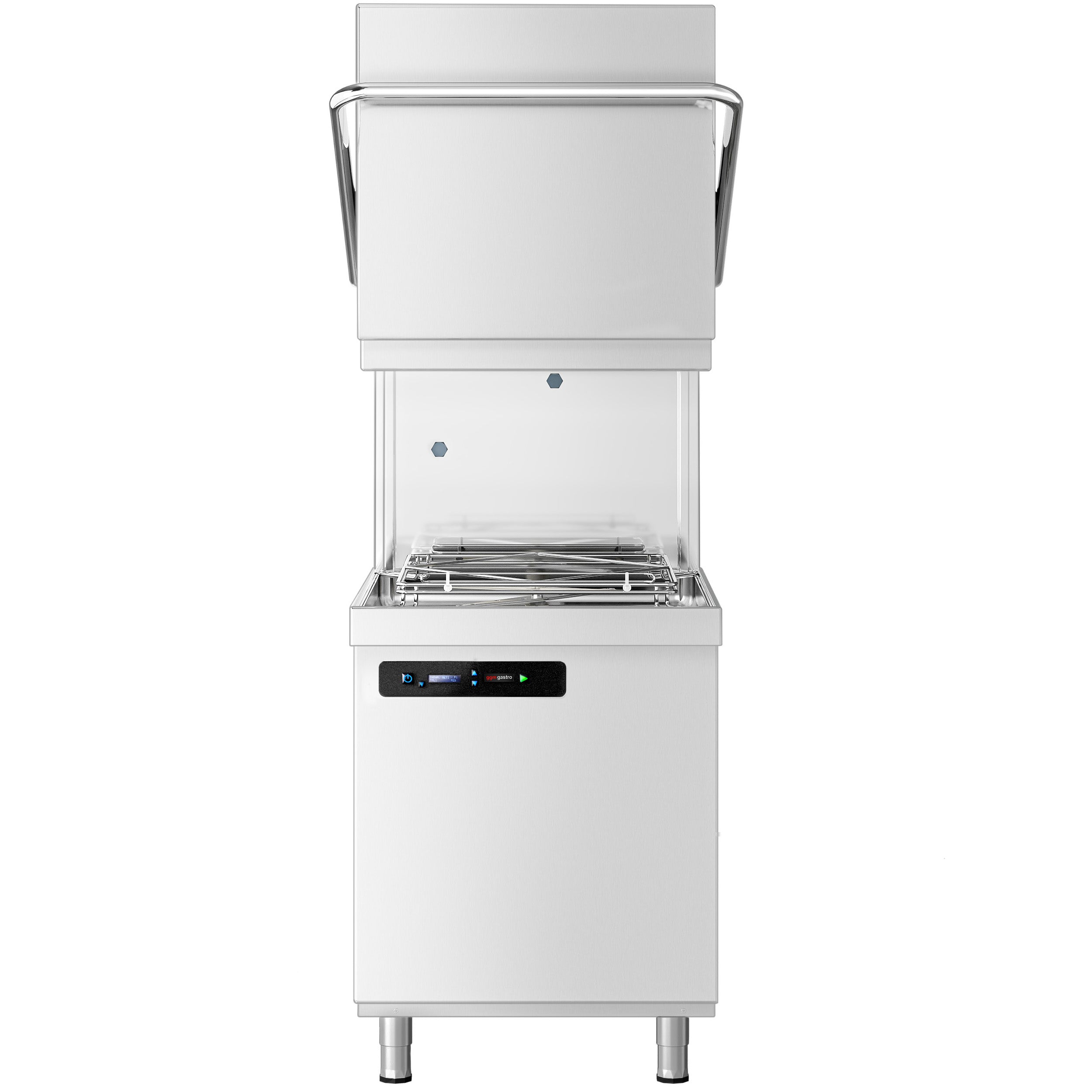 Walk-through dishwasher 7.1 kW - With lye pump - With detergent pump and rinse aid supply (double wall) - With desqualer + supply/ &amp; drain Table right