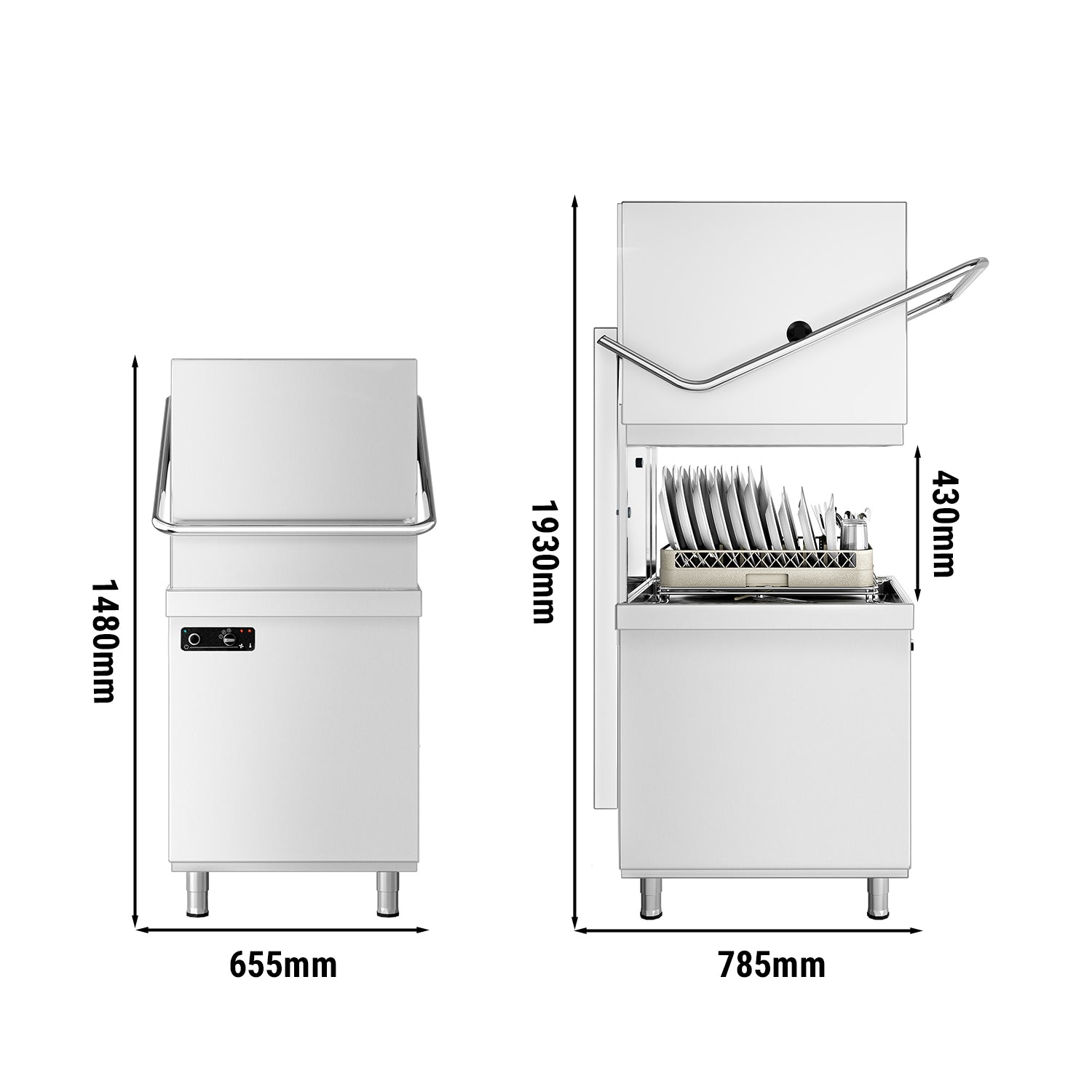 Walk-through dishwasher 6.52 kW - With lye pump - With detergent pump and rinse aid supply + Inlet/Outlet Table Left