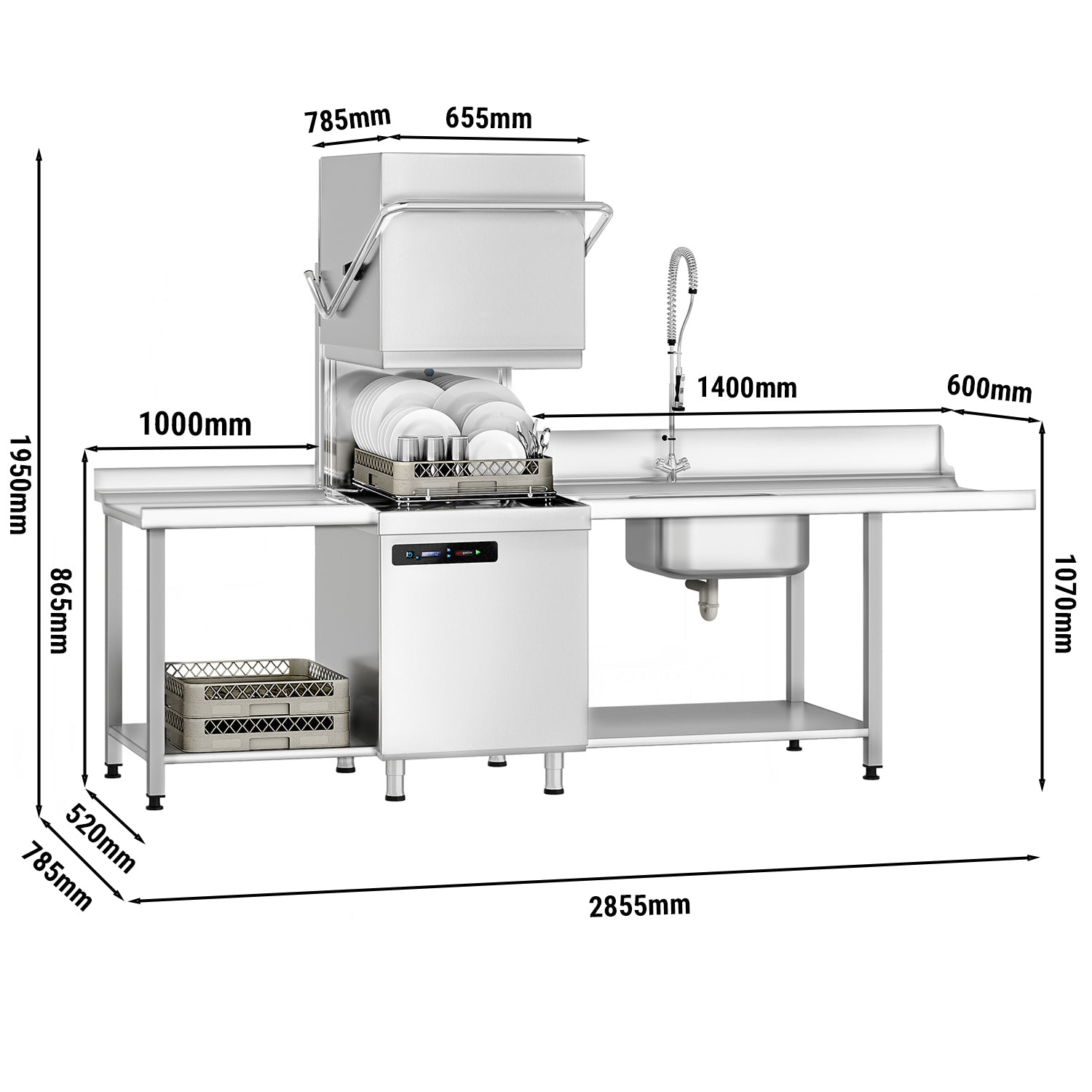 Walk-through dishwasher 7.1 kW - With lye pump - With detergent pump and rinse aid supply (double wall) - With desqualer + supply/ &amp; drain Table left