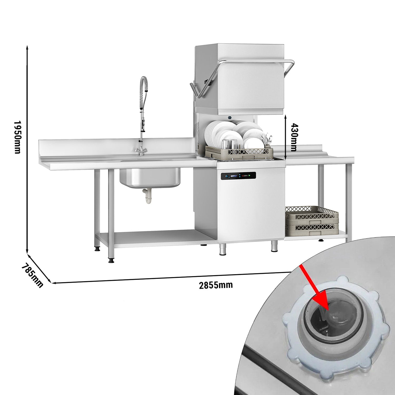 Walk-through dishwasher 7.1 kW - With lye pump - With detergent pump and rinse aid supply (double wall) - With desqualer + supply/ &amp; drain Table right