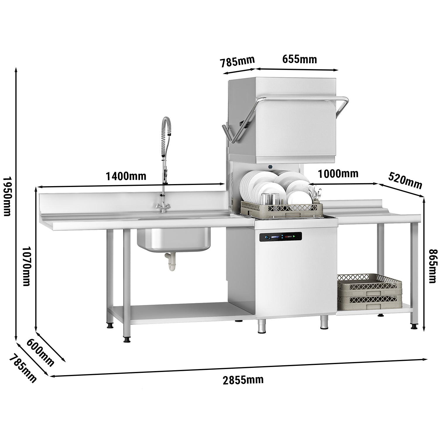 Walk-through dishwasher 7.1 kW - With lye pump - With detergent pump and rinse aid supply (double wall) - With desqualer + supply/ &amp; drain Table right