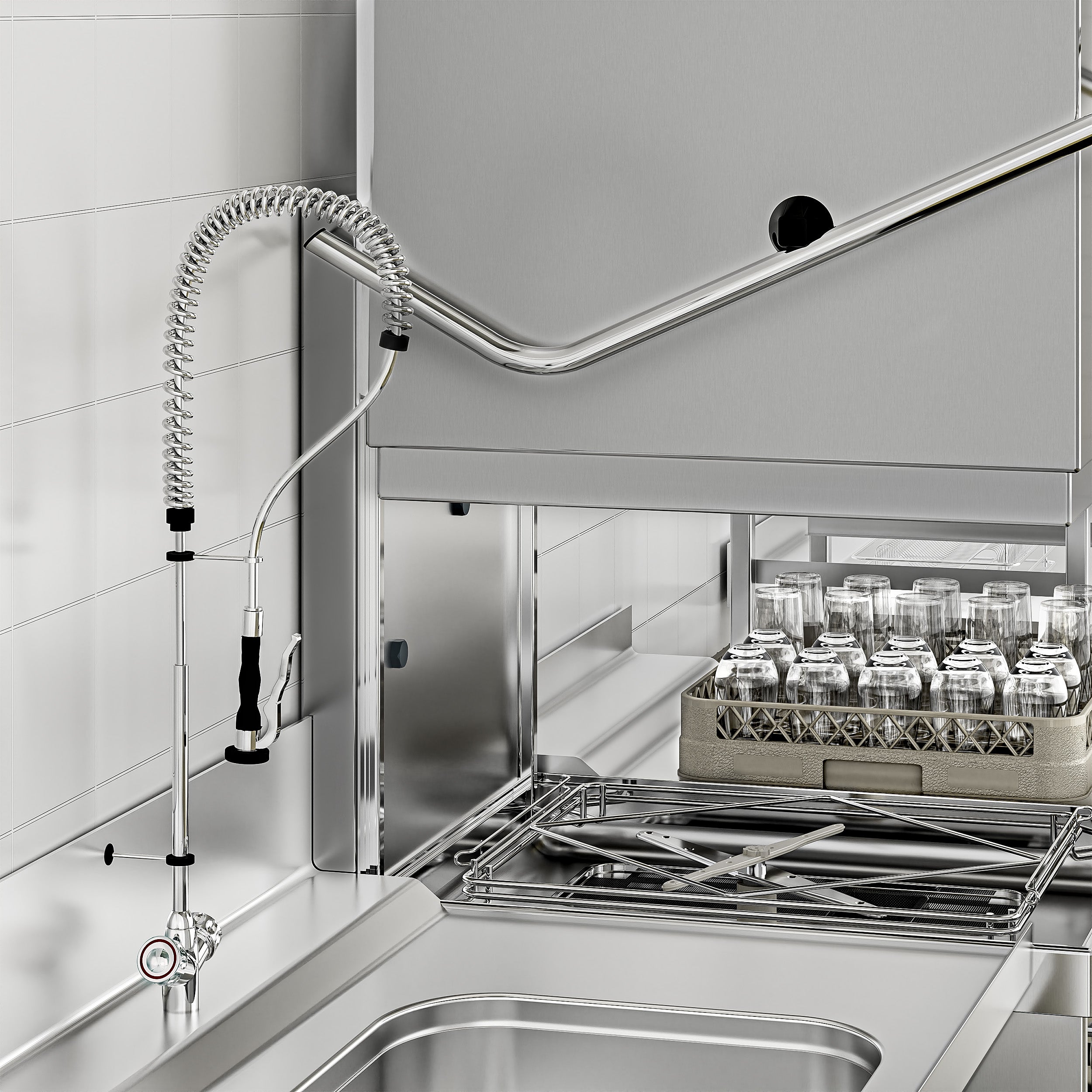 Walk-through dishwasher 7.1 kW - With lye pump - With detergent pump and rinse aid supply (double wall) - With desqualer + supply/ &amp; drain Table left