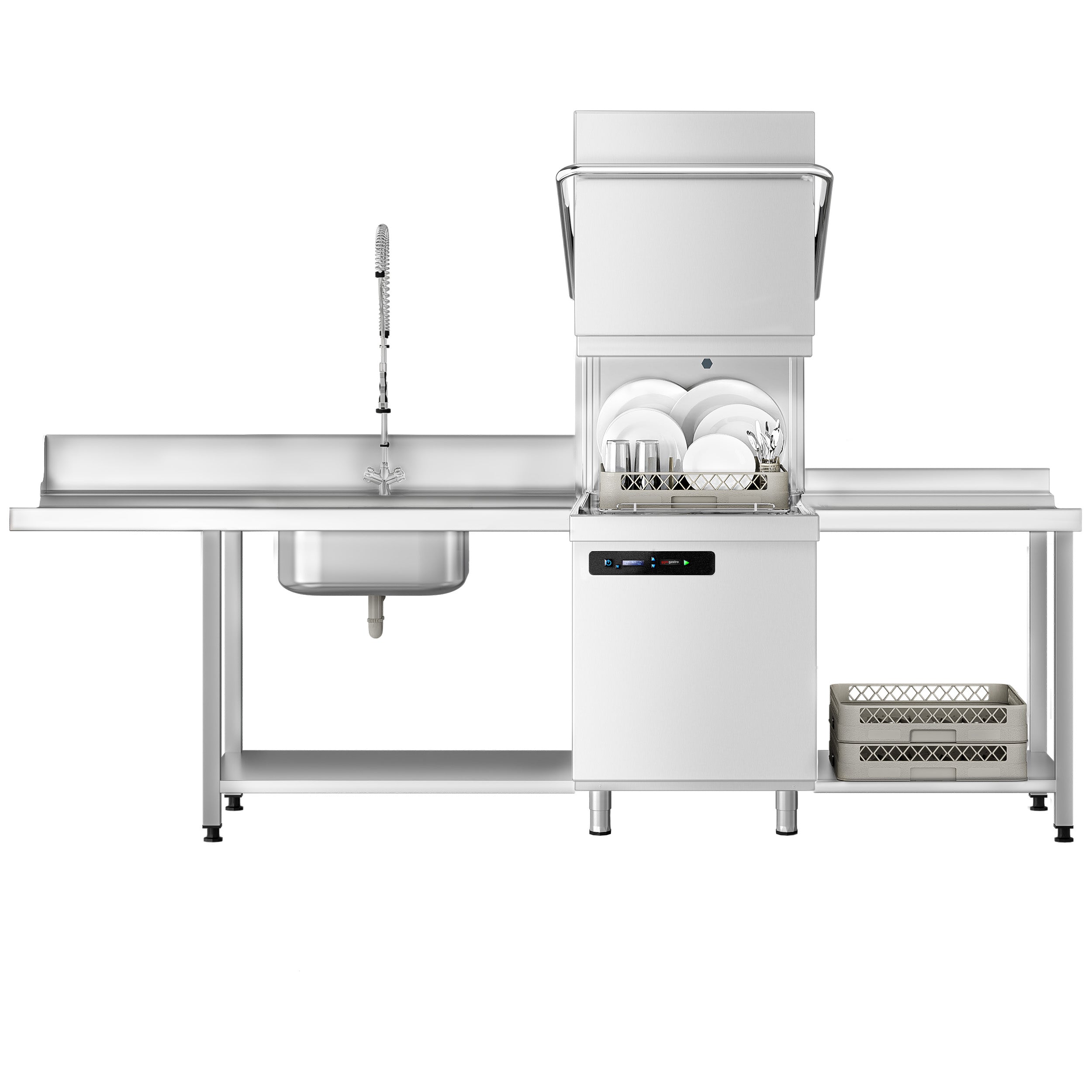 Walk-through dishwasher 7.1 kW - Without lye pump - With detergent pump and rinse aid supply (double wall) - With descelerator + Inlet/outlet table Right