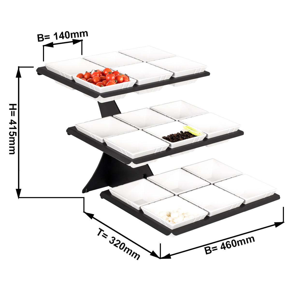 Cake stand/buffet - incl. 18 melamine bowls - square