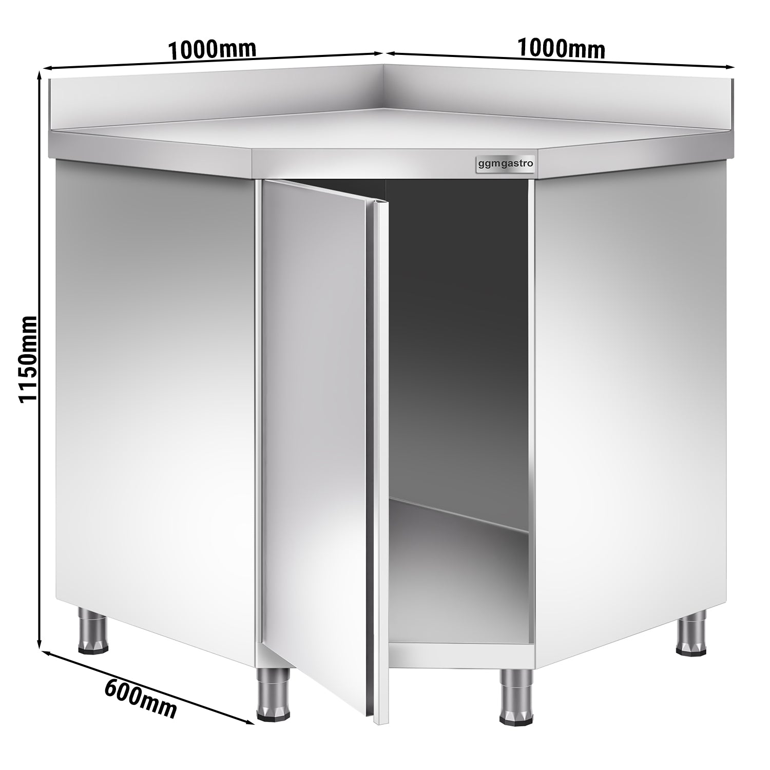 Stainless steel corner cabinet - with hinged door and stand - 1000x600mm