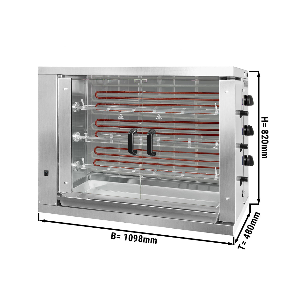 Electric chicken grill with 3 skewers for 18 chickens