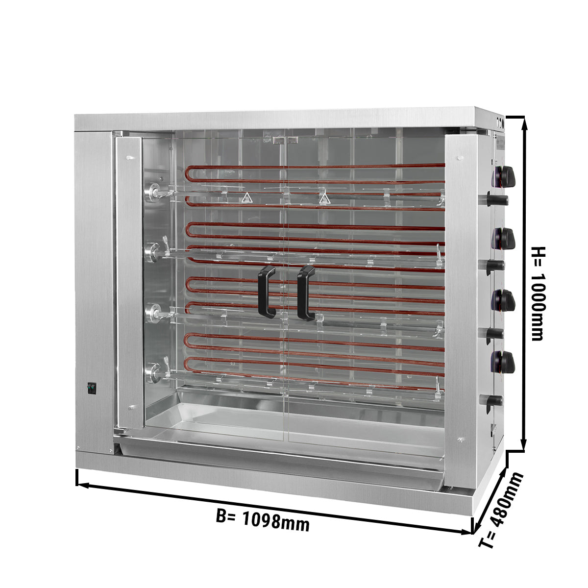 Electric chicken grill with 4 skewers for 24 chickens