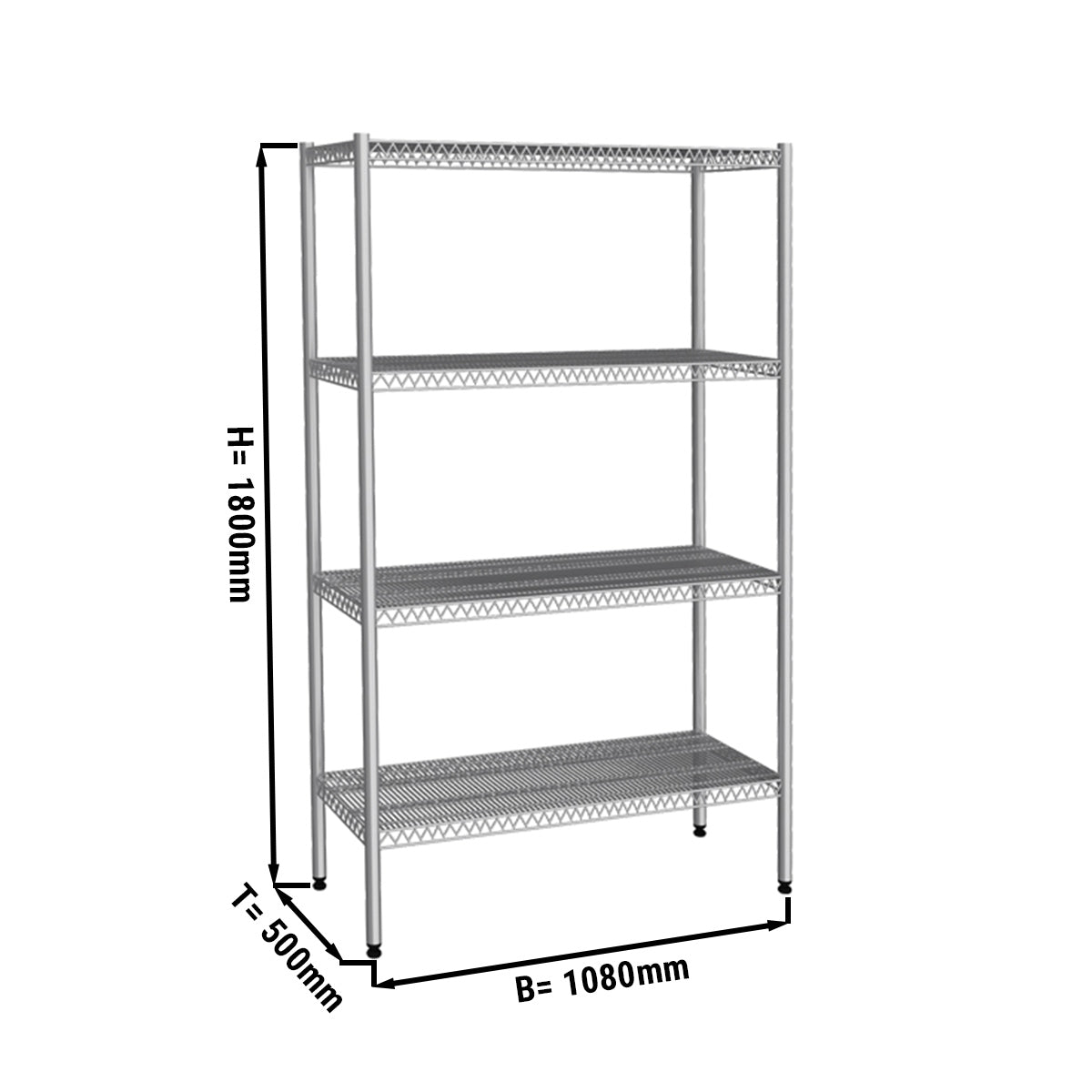 Stainless steel rack 1.1 x 0.5m with 4 perforated shelves