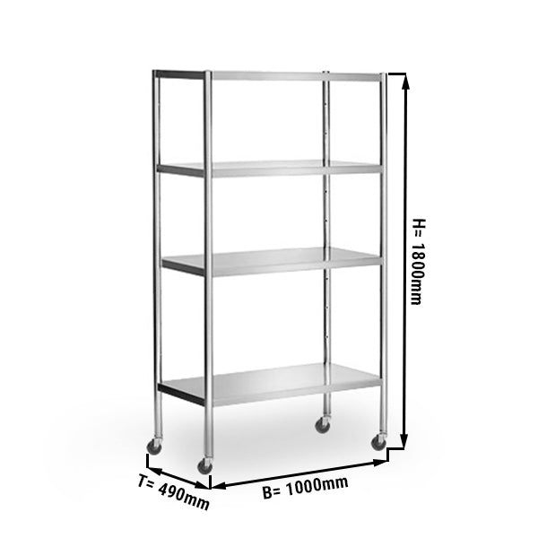 Stainless steel rack - 1.0 x 0.5 with 4 adjustable shelves, with 4 wheels included