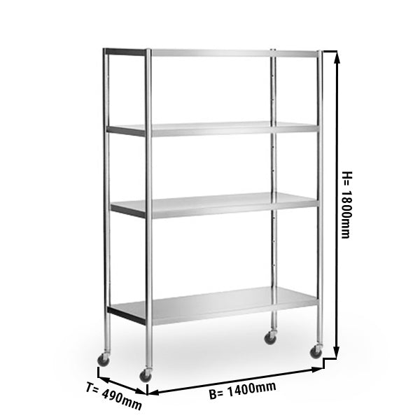 Стелаж от неръждаема стомана - 1.4 х 0.5 с 4 регулируеми рафта, с включени 4 колелца