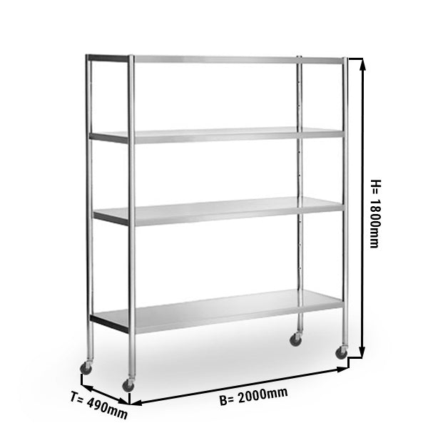 Stainless steel rack - 2.0 x 0.5 with 4 adjustable shelves, with 4 wheels included