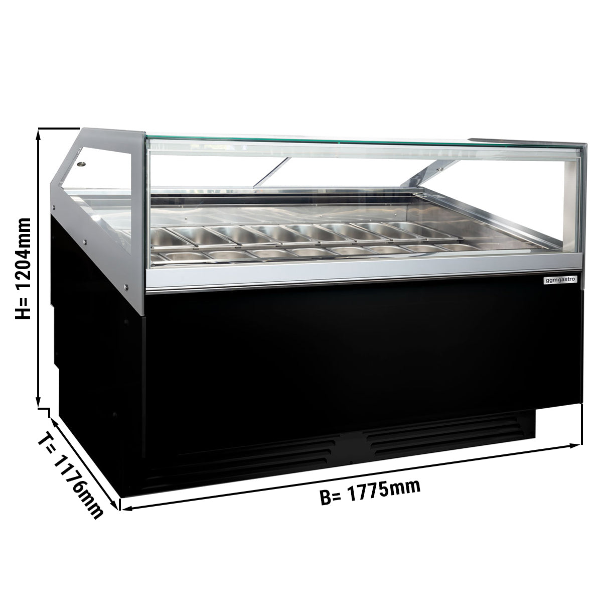 Ice cream display case - 1.7 x 1.1 m - black - with LED