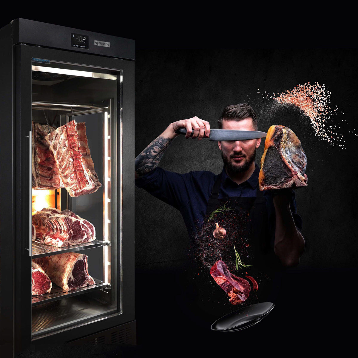 Meat aging cabinet - 1.0 x 0.69 m - with 2 glass doors