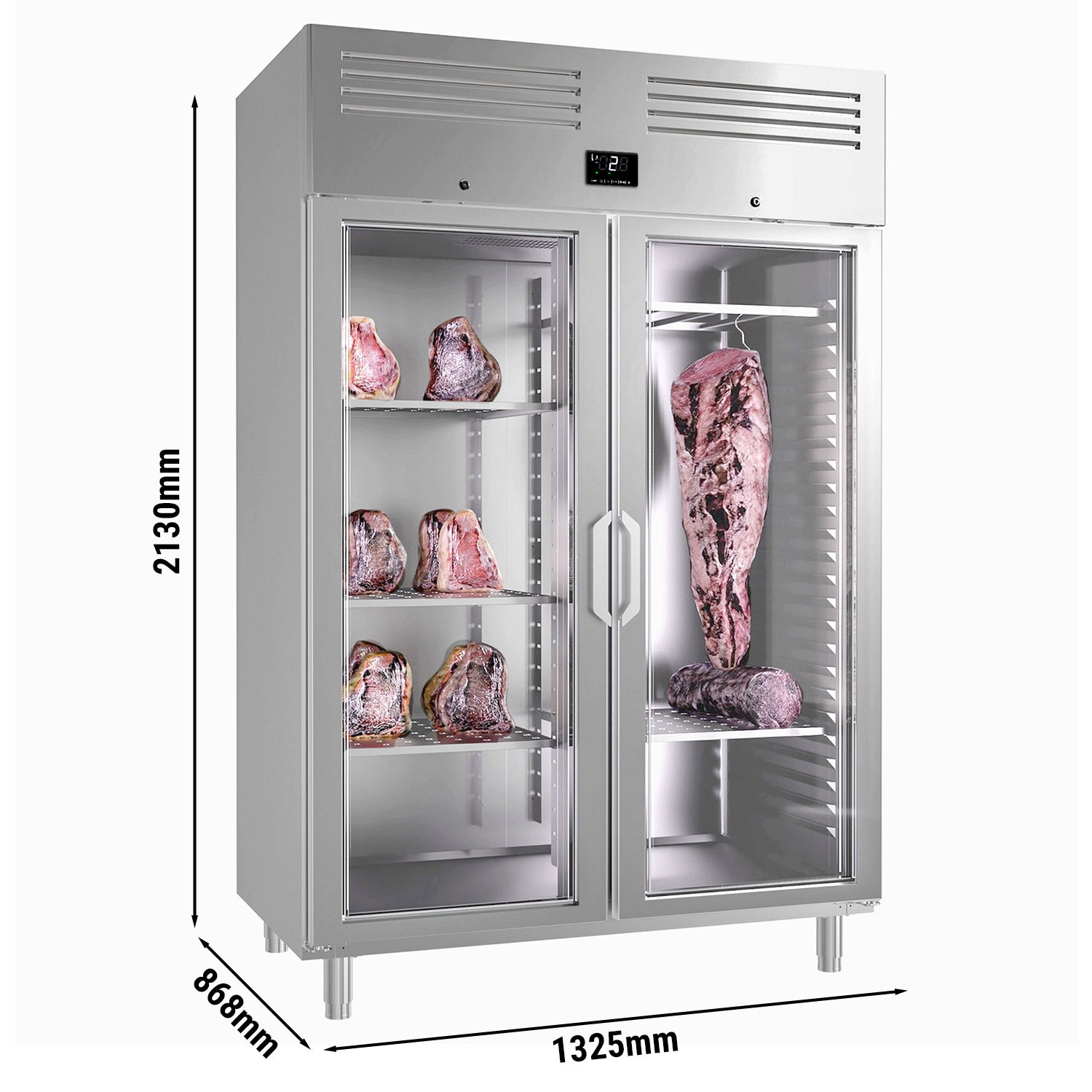 Шкаф за сухо стареене на месото 1,3 м - с 2 стъклени врати - неръждаема стомана