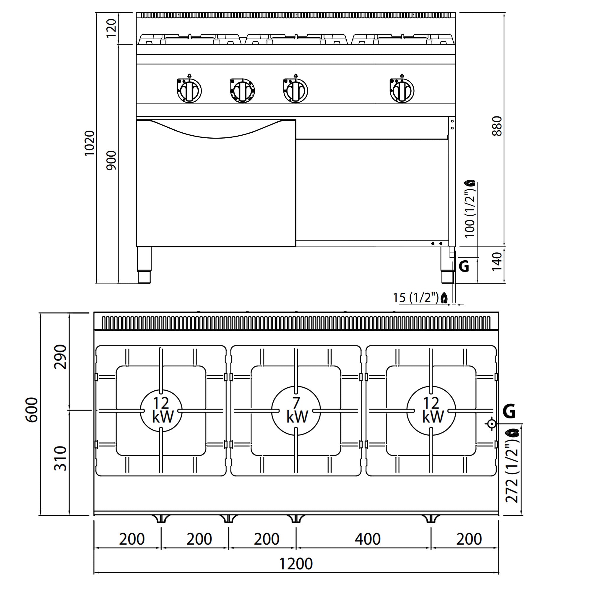 Gas hob with 3 burners (34.5 kW) including static gas oven (3.5 kW)