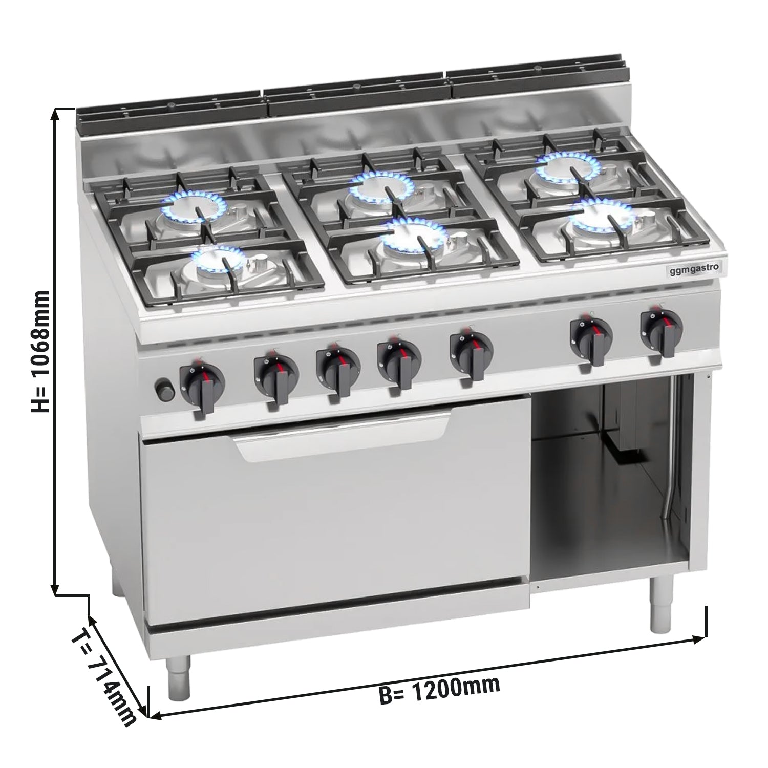 Gas stove 6x hotplate (33.5 kW) + electric static oven (7.5 kW)