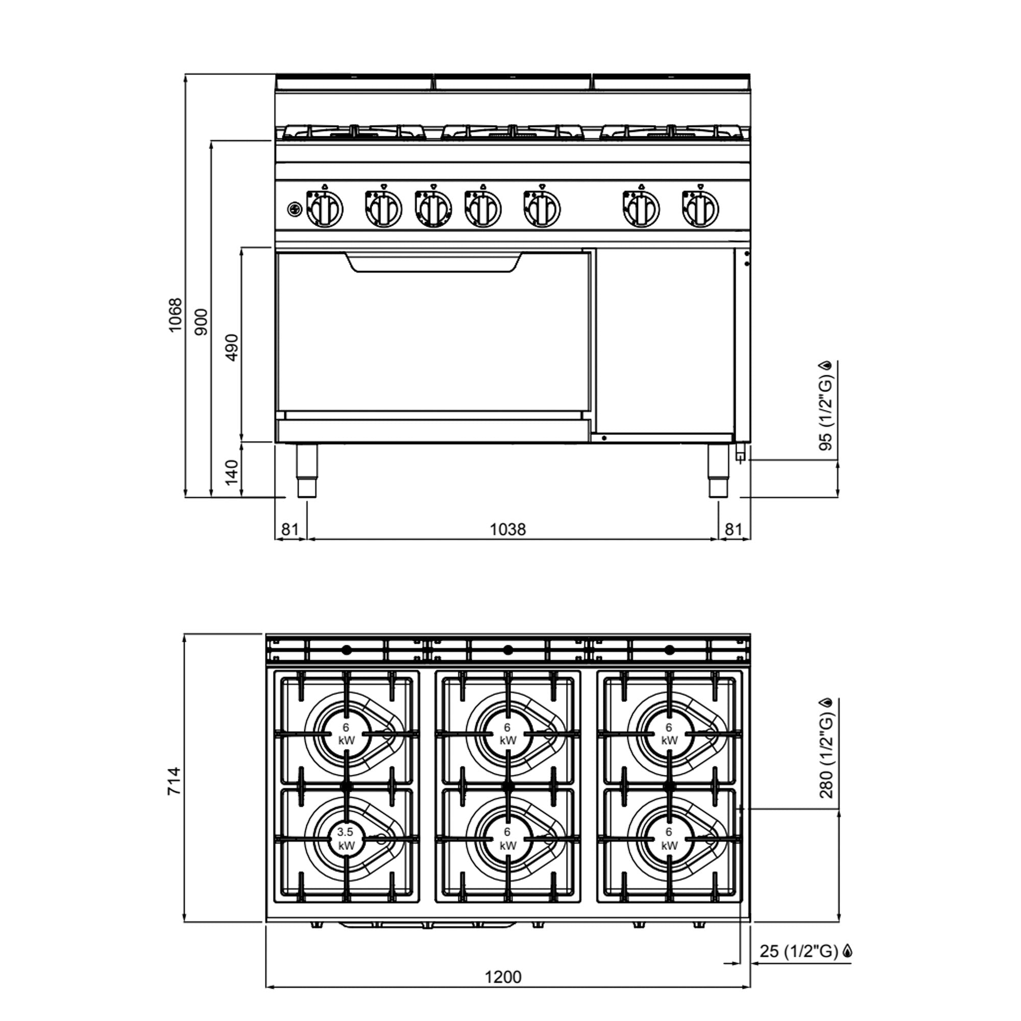 Газова печка 6х котлона (33,5 kW) + газова фурна (7,8 kW)